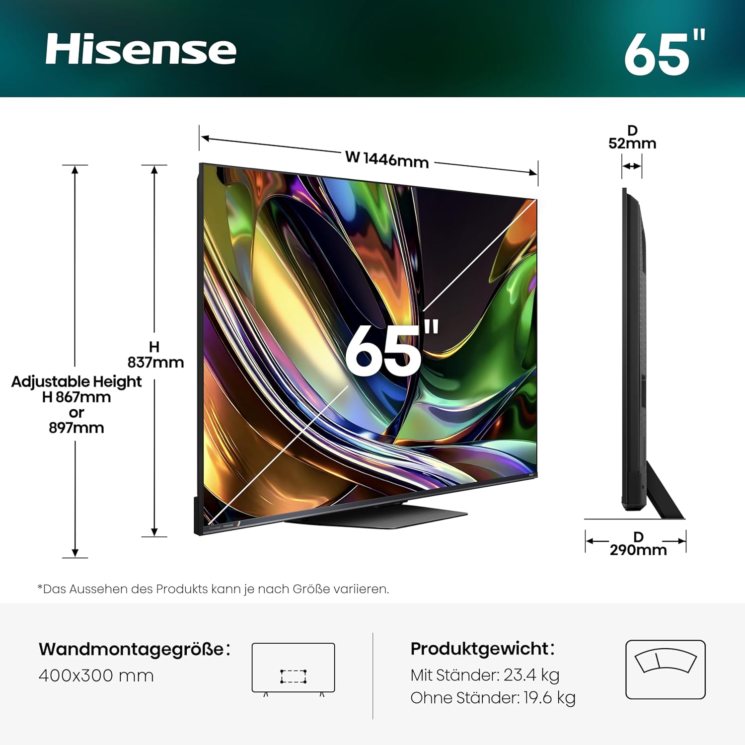 Hisense 65UR8DS Fernseher 65 Zoll, 4K UHD, RGB Mini LED, Smart TV, 180Hz, Hi-View AI Engine RGB, Dolby Vision.Atmos, AI RGB Lichtsensor, AI 4K Upscaler, AMD FreeSync Premium Pro, Tuned by Devialet
