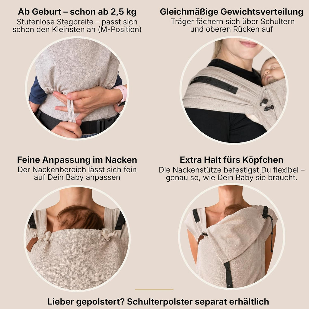 Hoppediz Primeo Babytrage ab Geburt für Neugeborene, Djerba