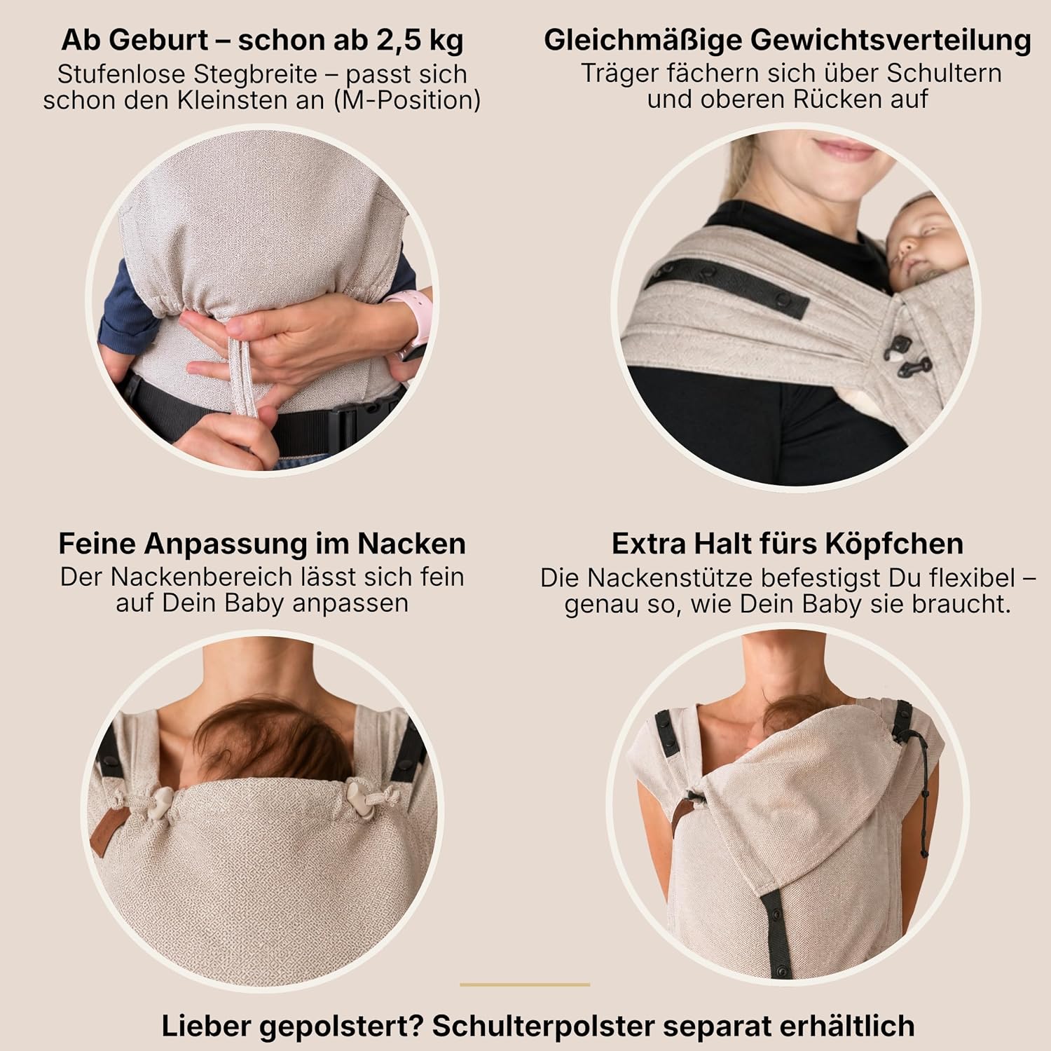 Hoppediz Primeo Babytrage ab Geburt für Neugeborene, Djerba