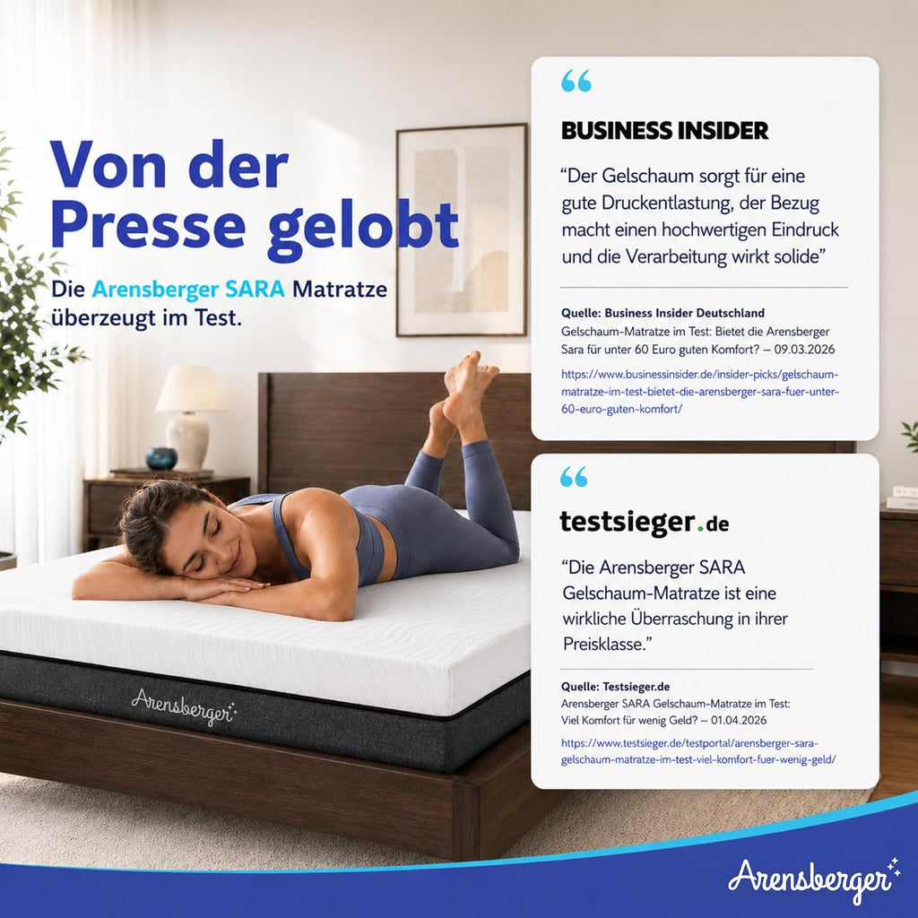 Arensberger Matratze SARA 140x200cm Höhe 16cm | NANOCELL® Gel-Schaum | Mittelfest H3 | Premium-Bezug 240g/m² | 60°C waschbar | Kaltschaum-Matratze 140x200 | Öko-Tex Zertifiziert