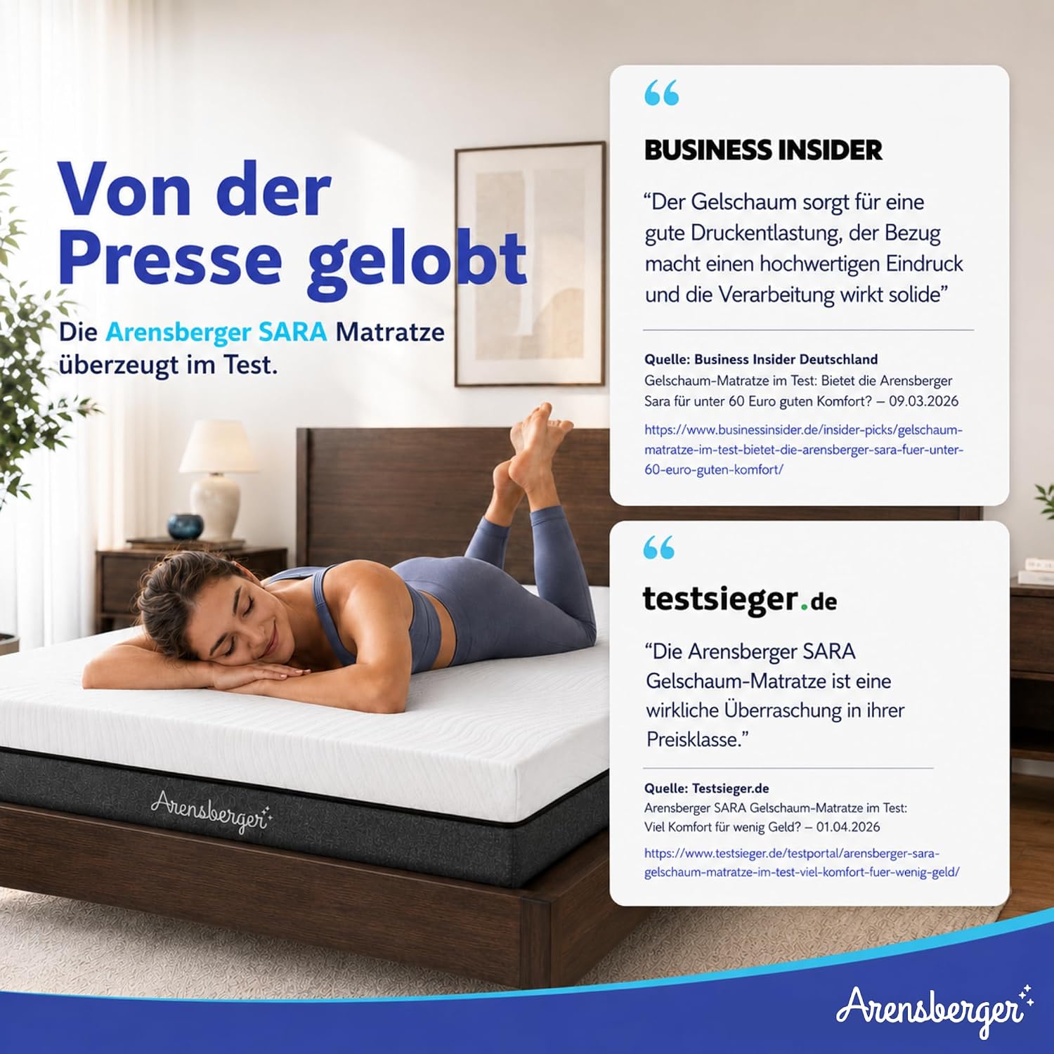 Arensberger Matratze SARA 140x200cm Höhe 16cm | NANOCELL® Gel-Schaum | Mittelfest H3 | Premium-Bezug 240g/m² | 60°C waschbar | Kaltschaum-Matratze 140x200 | Öko-Tex Zertifiziert