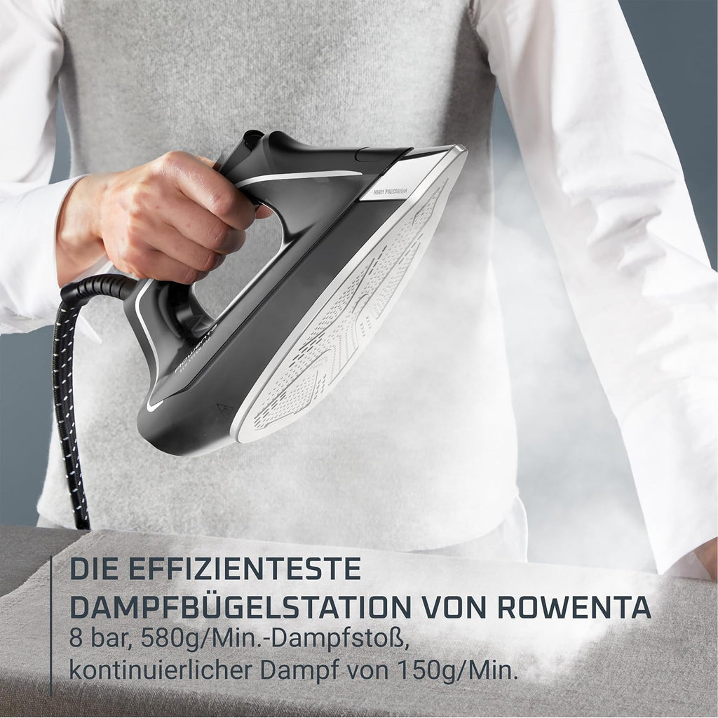 Rowenta Eco Steam Pro Dampfbügelstation, 2800 Watt, 8 bar Dampfdruck, 580 g/Min. Dampfstoß, 150 g/Min. kontinuierliche Dampfabgabe, Eco-Modus, 5 Einstellungen, 1,3l Wassertank, schwarz/beige, DG9640F0