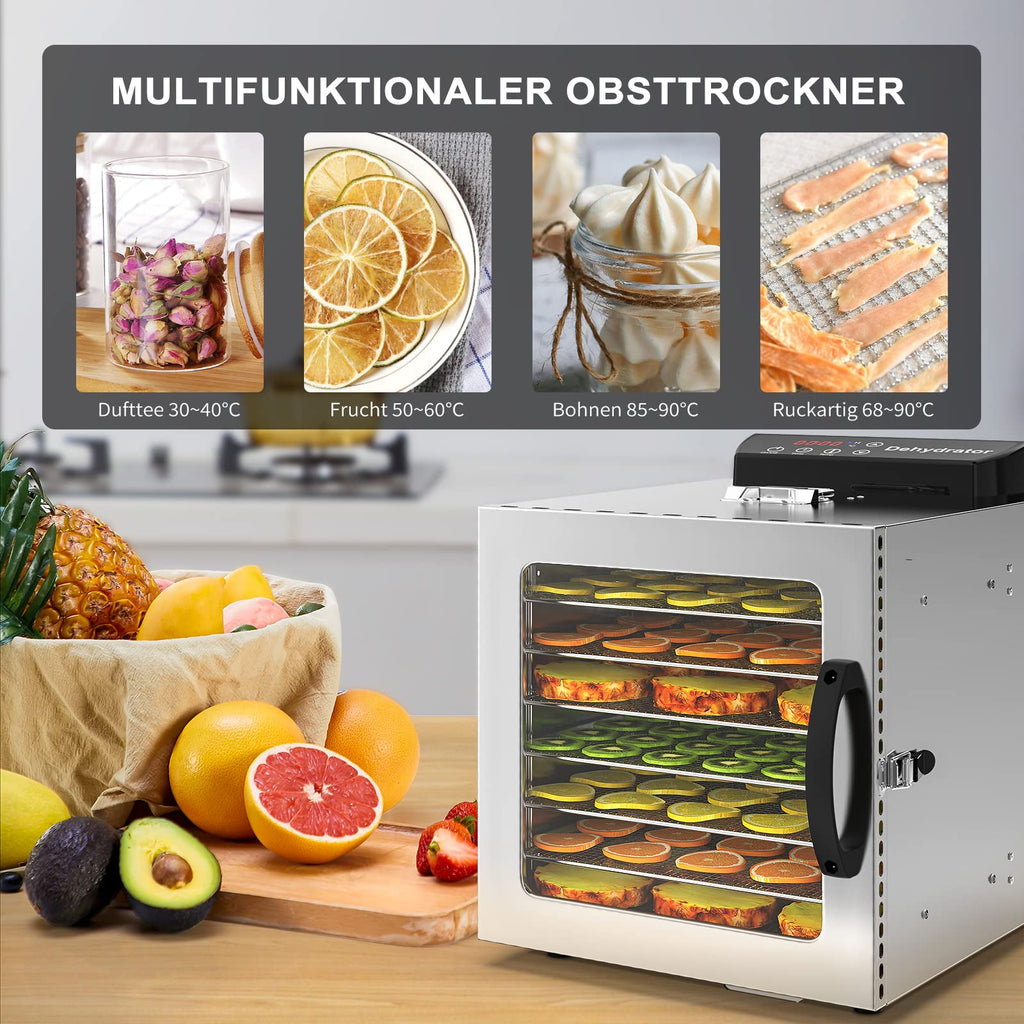 Lecon Dehydrator Stainless Steel Dehydrator Food 30-90°C, 24-Hour Timer Dehydrator for Food, Meat, Fruit, Vegetable Dryer, Fruit Dryer, Dehydrator with Apron, Sealed Tank (8 Levels)o
