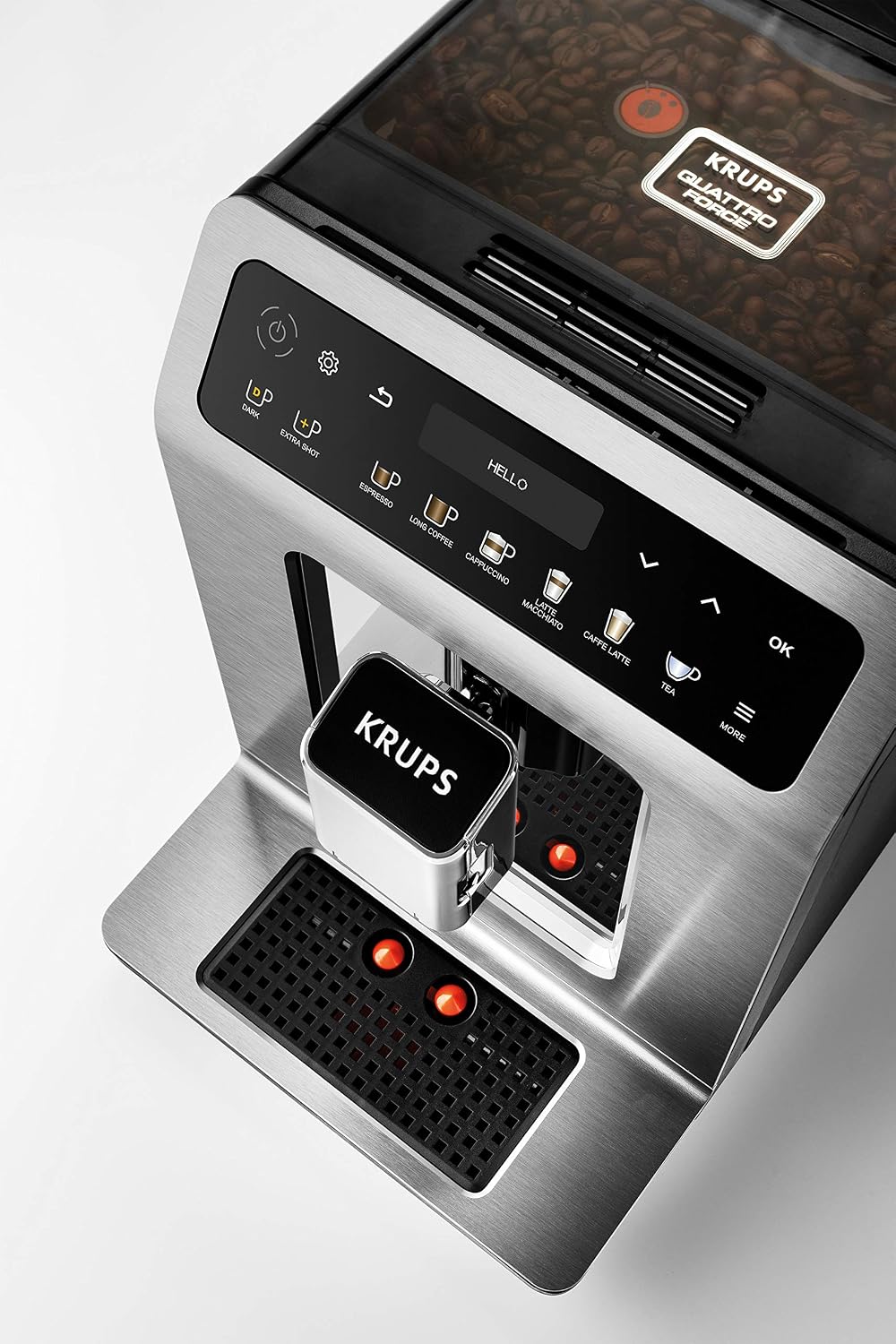 Krups Evidence Plus Kaffeevollautomat mit Milchschlauch, 19 Getränke, 2-Tassen-Funktion, Farbdisplay, Kaffeemaschine, TÜV-Siegel, Silber, EA894T10, Titanium-metallic