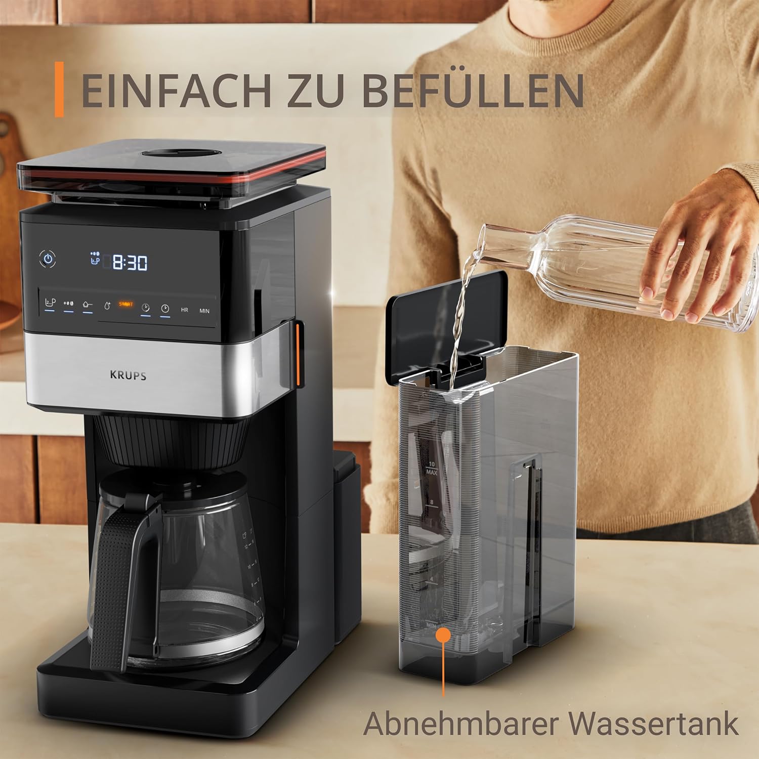 KRUPS Grind Aroma XL Filterkaffeemaschine, abnehmbares Kegelmahlwerk, digitales Bedienfeld, XL-Fassungsvermögen (1,5 L), Warmhaltefunktion, Glaskanne, Schwarz/Edelstahl, KM842810
