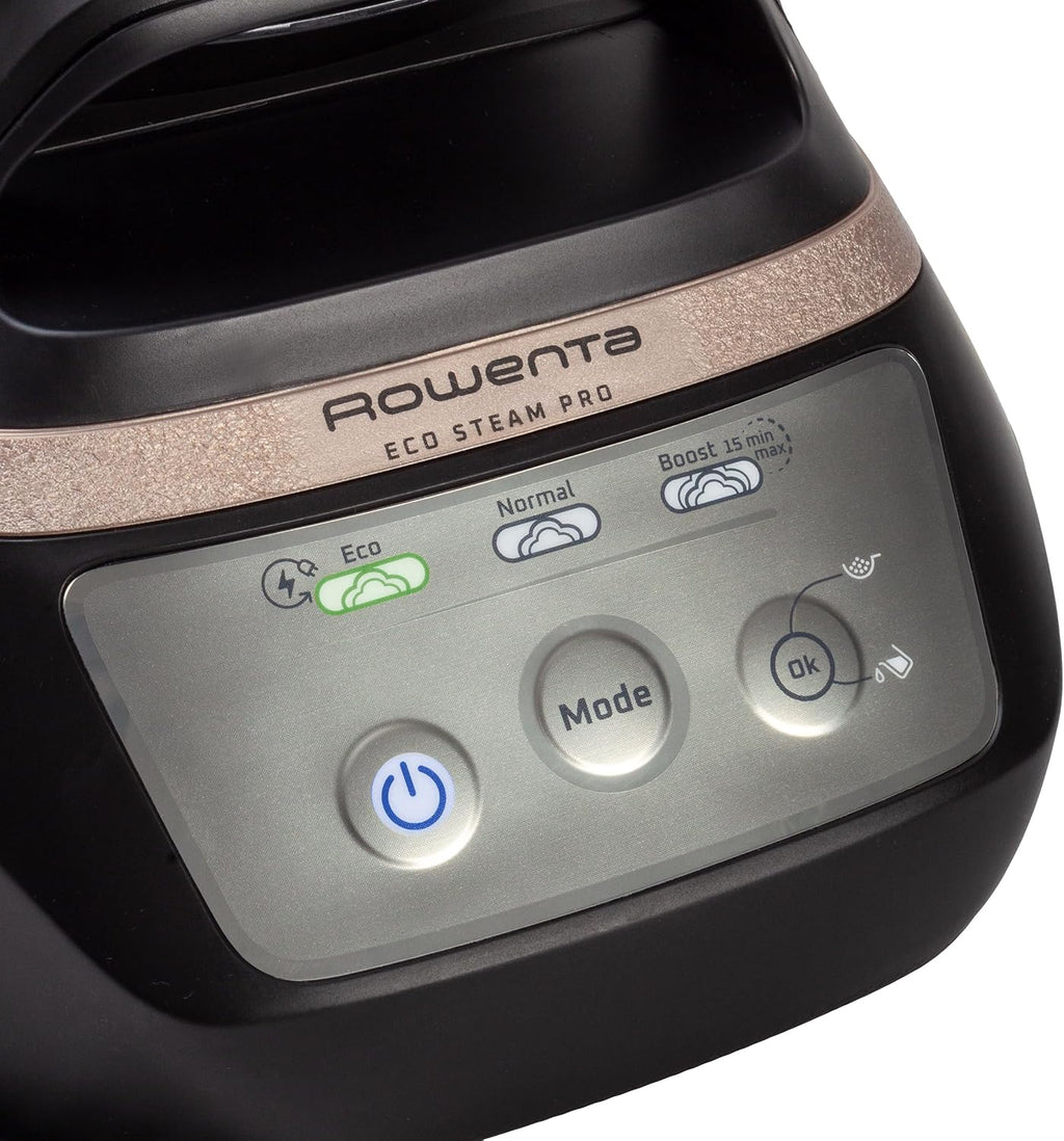 Rowenta Eco Steam Pro Dampfbügelstation, 2800 Watt, 8 bar Dampfdruck, 580 g/Min. Dampfstoß, 150 g/Min. kontinuierliche Dampfabgabe, Eco-Modus, 5 Einstellungen, 1,3l Wassertank, schwarz/beige, DG9640F0