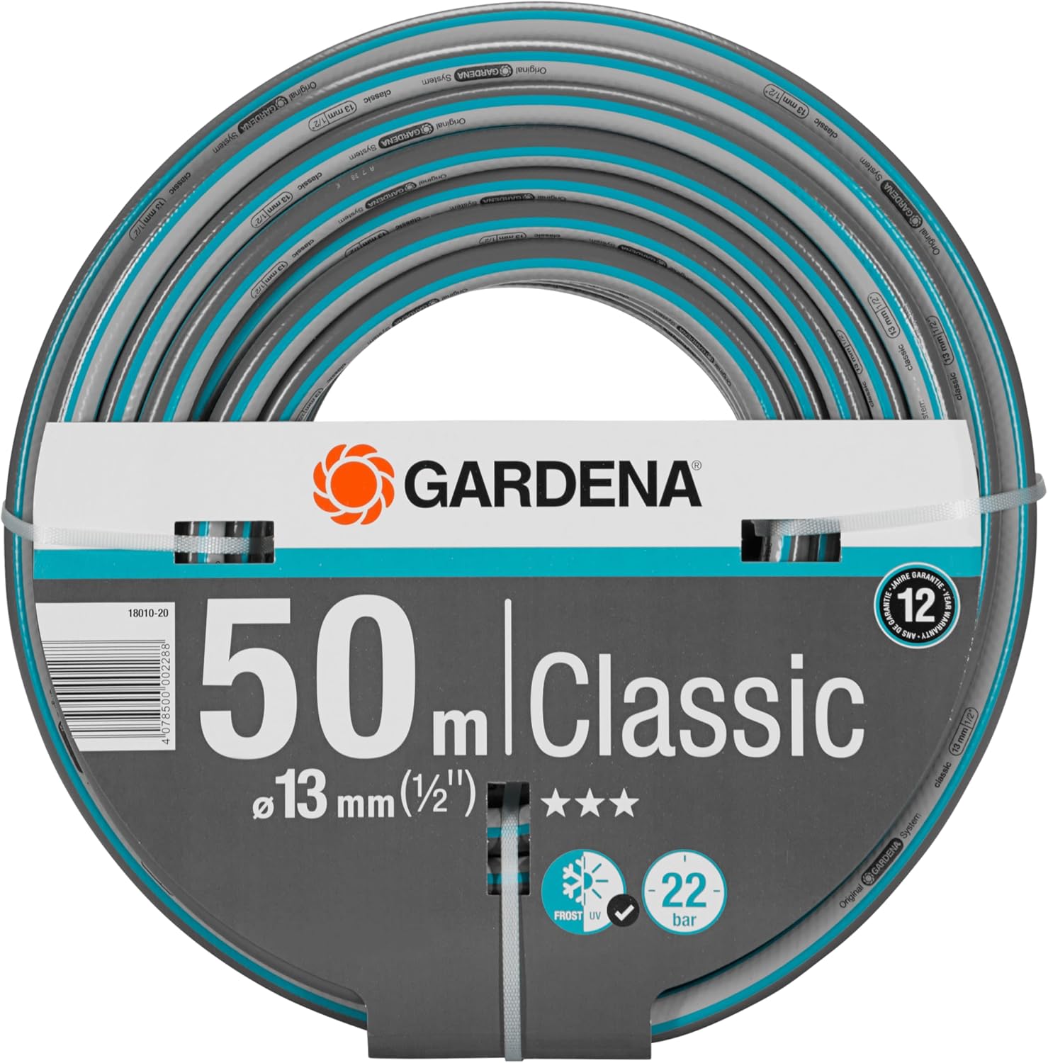 Gardena Classic Schlauch 13 mm (1/2 Zoll), 50 m ohne systemteile: Universeller Gartenschlauch aus robustem Kreuzgewebe, 22 bar Berstdruck, druck- und UV-beständig (18010-20), grau/blau