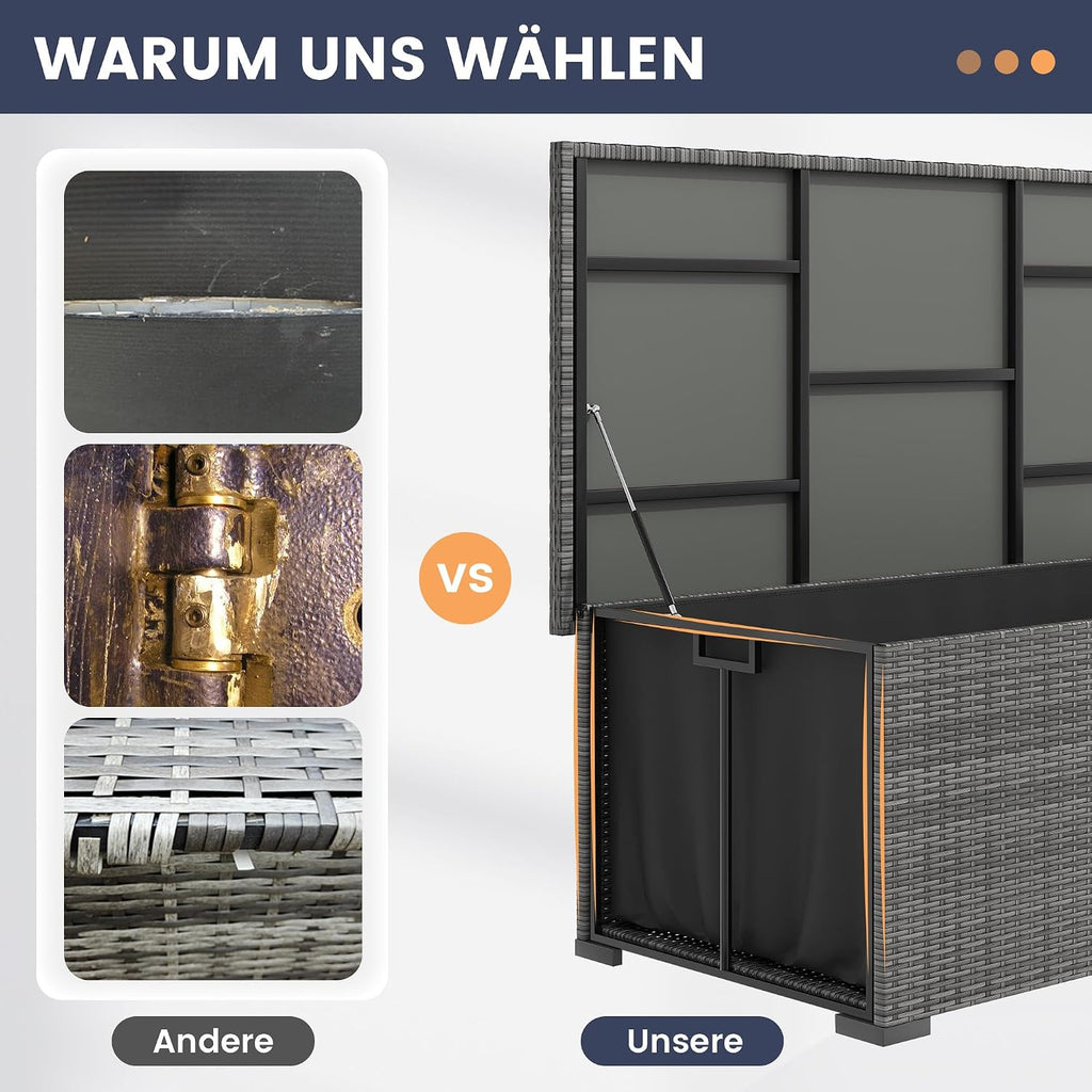 UDPATIO Gartenbox Wasserdicht 870L, Aufbewahrungsbox Garten XXXL, Auflagenbox Wetterfest, Kissenbox Outdoor mit Deckel, Gasdruckfedern, ideal für Garten, Terrasse & Balkon | Grau
