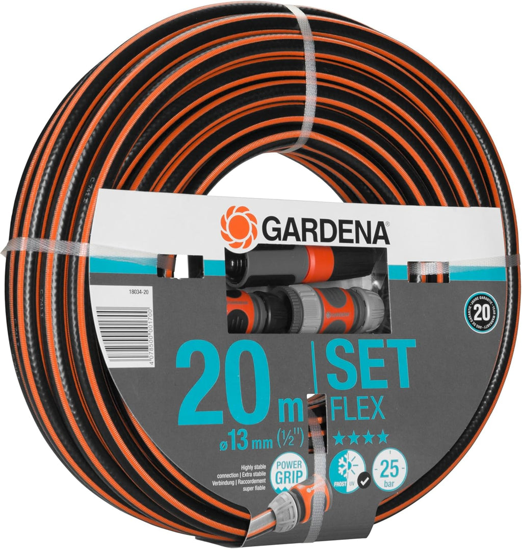 Gardena Comfort FLEX Schlauch 13 mm (1/2 Zoll), 20 m mit Systemteilen: Formstabiler, flexibler Gartenschlauch mit Power-Grip-Profil, aus hochwertigem Spiralgewebe, 25 bar Berstdruck (18034-88)