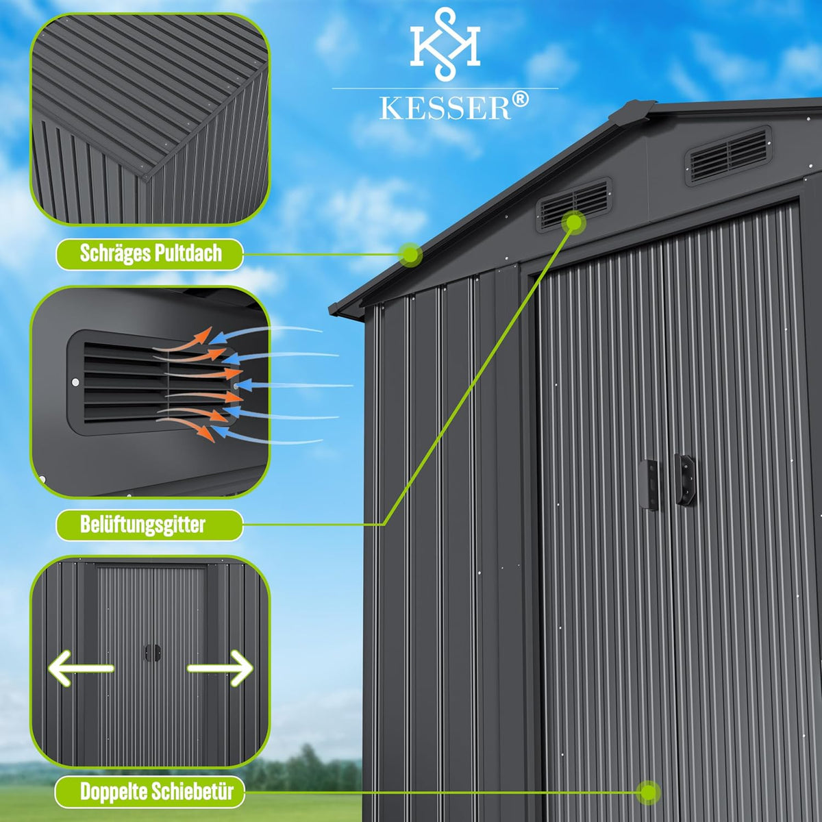 KESSER® XL Metall Gerätehaus 4,2m³ mit Fundament | Inkl. Arbeitshandschuhe | 195x131x186cm | 2X Schiebetür & Fundament | Geräteschuppen | Gartenhaus Schrank | Satteldachdach Garten Schuppen Anthrazit