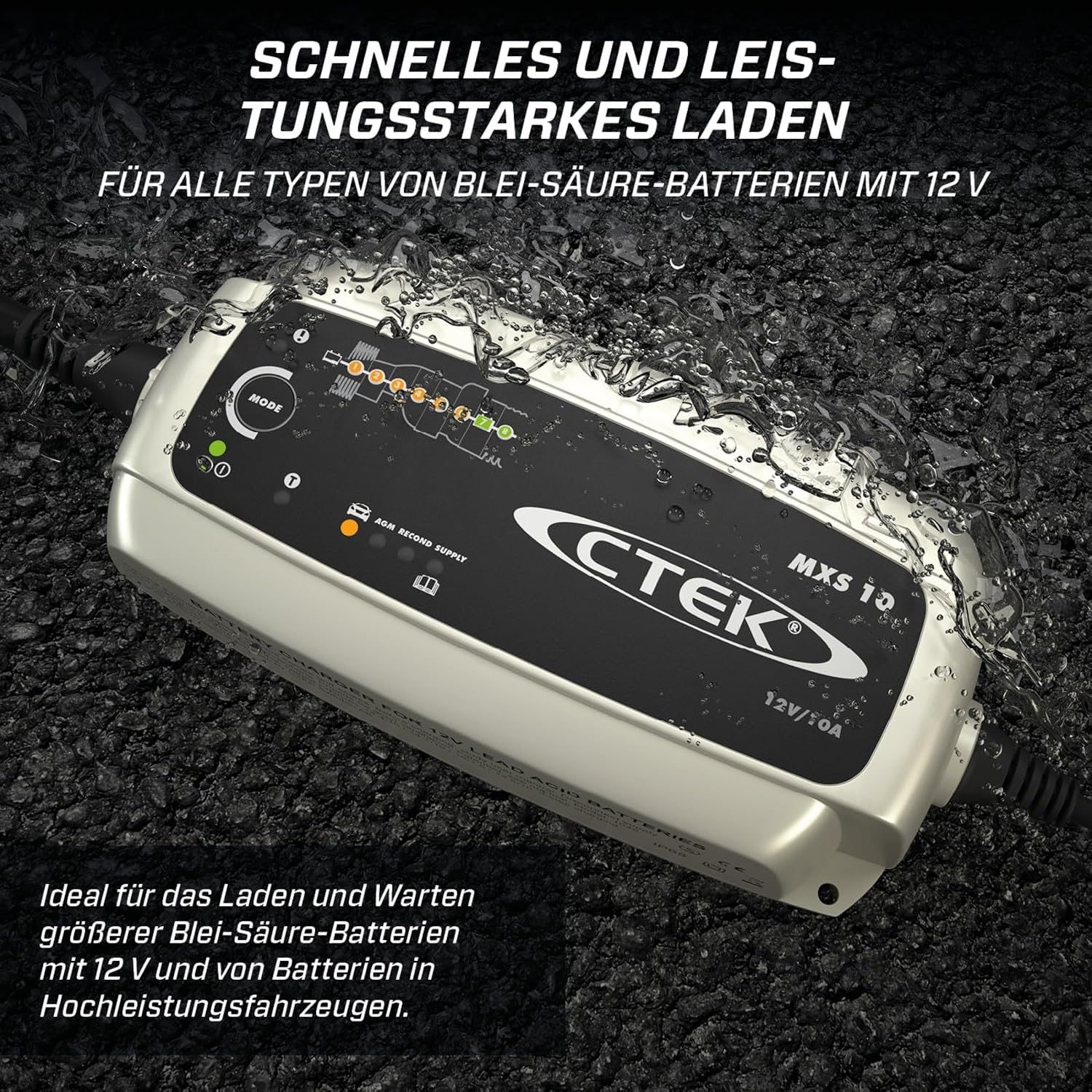 CTEK MXS 10 Batterieladegerät für Größere Fahrzeugbatterien, Batterieladegerät Boot, Wohnwagen, Schwarz, Silber, Rot