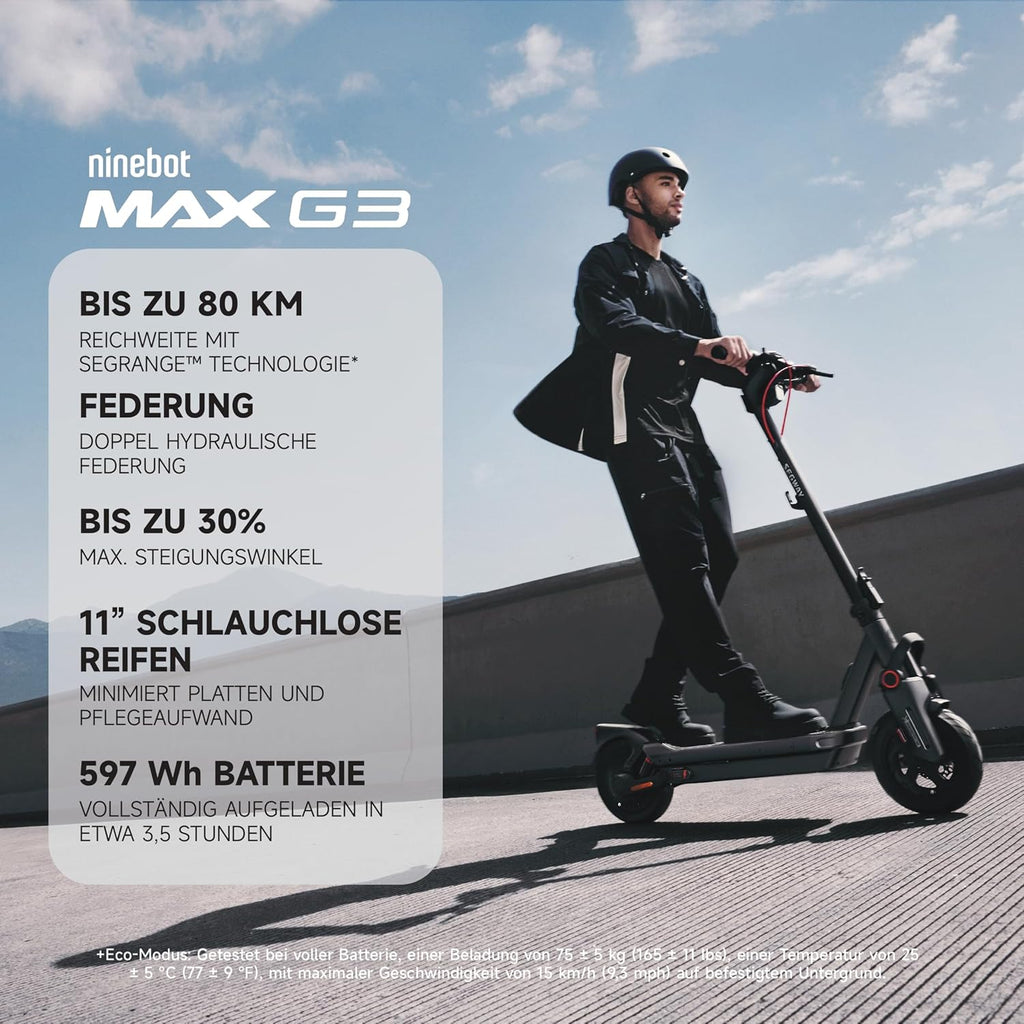 Segway-Ninebot MAX G3 D E-Scooter, bis zu 80 km Reichweite, 11 Zoll selbstabdichtende Luftreifen, Vollfederung, TFT-Display, FlashCharge, Apple Find My, faltbar, Schwarz**