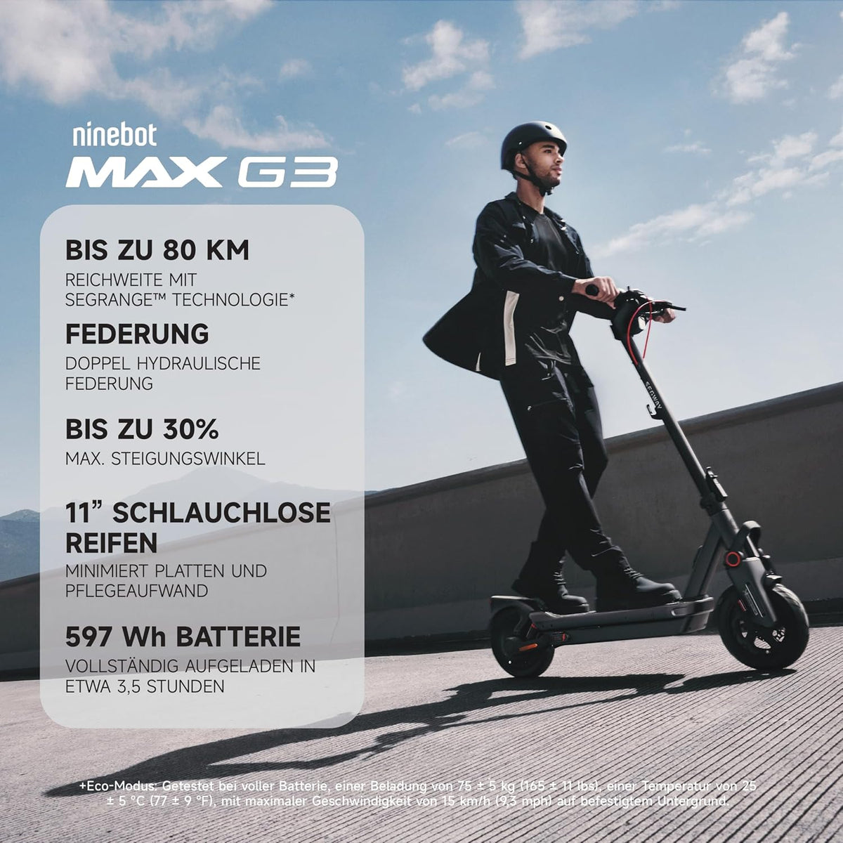Segway-Ninebot MAX G3 D E-Scooter, bis zu 80 km Reichweite, 11 Zoll selbstabdichtende Luftreifen, Vollfederung, TFT-Display, FlashCharge, Apple Find My, faltbar, Schwarz**