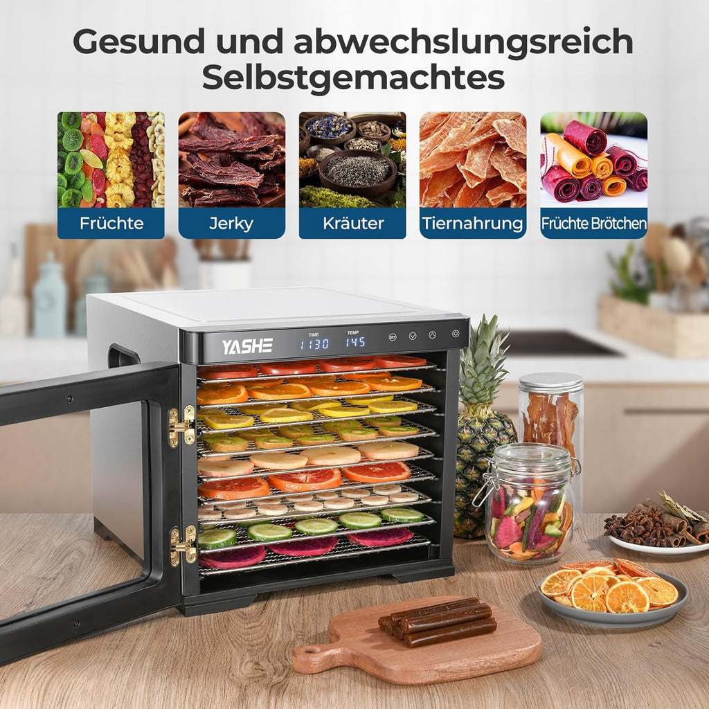 Edelstahl Dörrautomat, 1000W Dörrgerät für Obst und Gemüse mit LED-Anzeige, präziser Temperaturregelung (35-75°C), 48-Stunden-Timer, 9 Edelstahlschalen, 2 Maschensiebe, 1 Schale für Obstrolleno