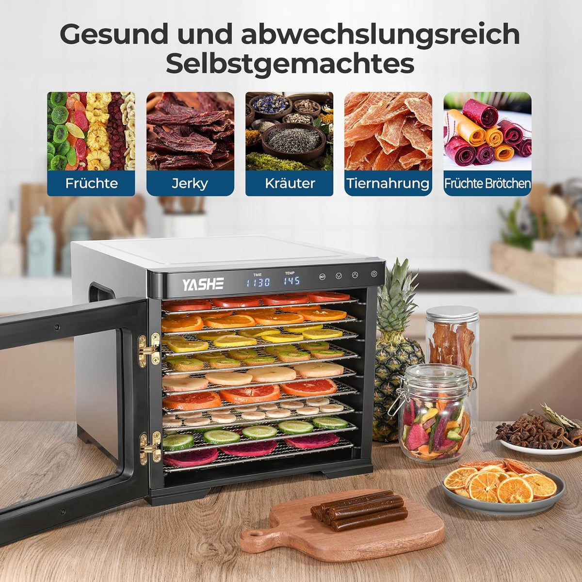 Edelstahl Dörrautomat, 1000W Dörrgerät für Obst und Gemüse mit LED-Anzeige, präziser Temperaturregelung (35-75°C), 48-Stunden-Timer, 9 Edelstahlschalen, 2 Maschensiebe, 1 Schale für Obstrolleno