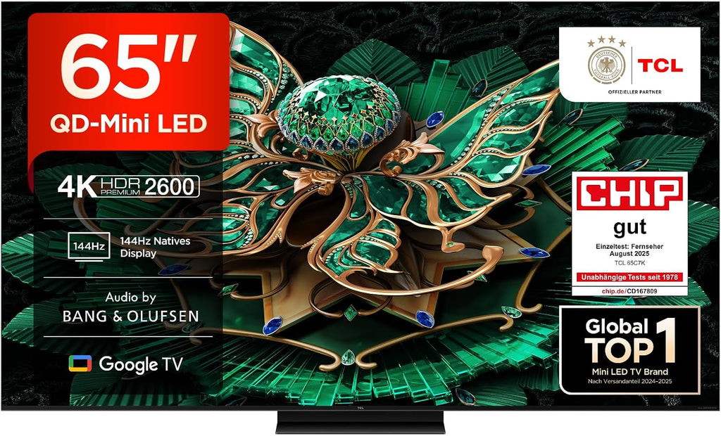 TCL 65C7K 65 Zoll QD-Mini LED Fernseher, 4K HDR Premium 2600, Smart Google TV mit 144Hz Motion Clarity Pro (Dolby Vision IQ & Atmos, CrystGlow HVA Panel, Audio von Bang & Olufsen, Game Master)