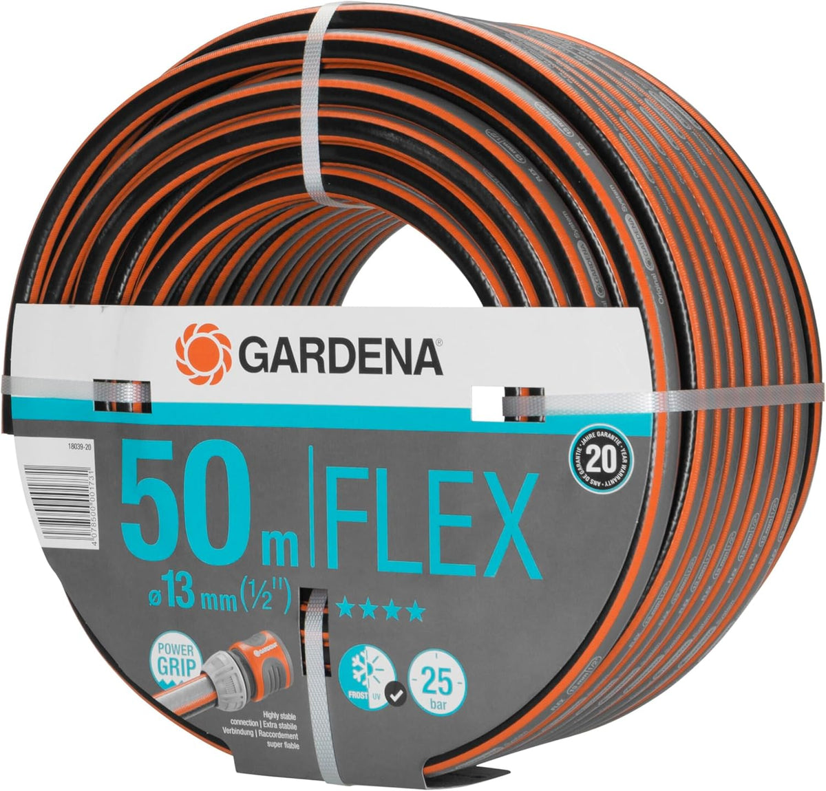 Gardena Comfort FLEX Schlauch 13 mm (1/2 Zoll), 50 m: Formstabiler, flexibler Gartenschlauch mit Power-Grip-Profil, aus hochwertigem Spiralgewebe, 25 bar Berstdruck, ohne Systemteile (18039-20)