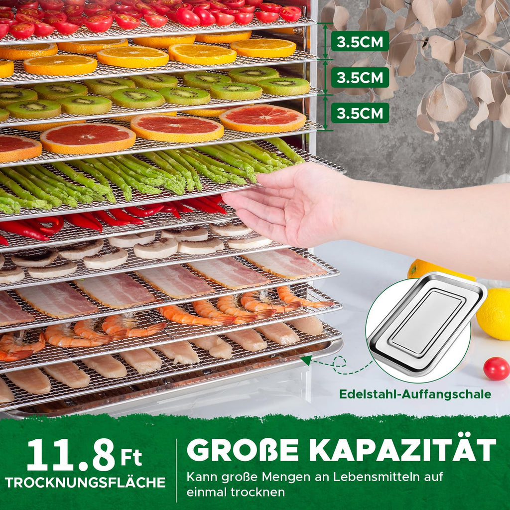 Kwasyo Dörrautomat Edelstahl DA 1000, XXL-Dörrfläche 1,8 m², Dörrgerät Temperatur einstellbar 30-90℃, LED-Display, 24 Std, BPA-frei, mit Rezeptheft, 10 Edelstahl-Dörrtablettso