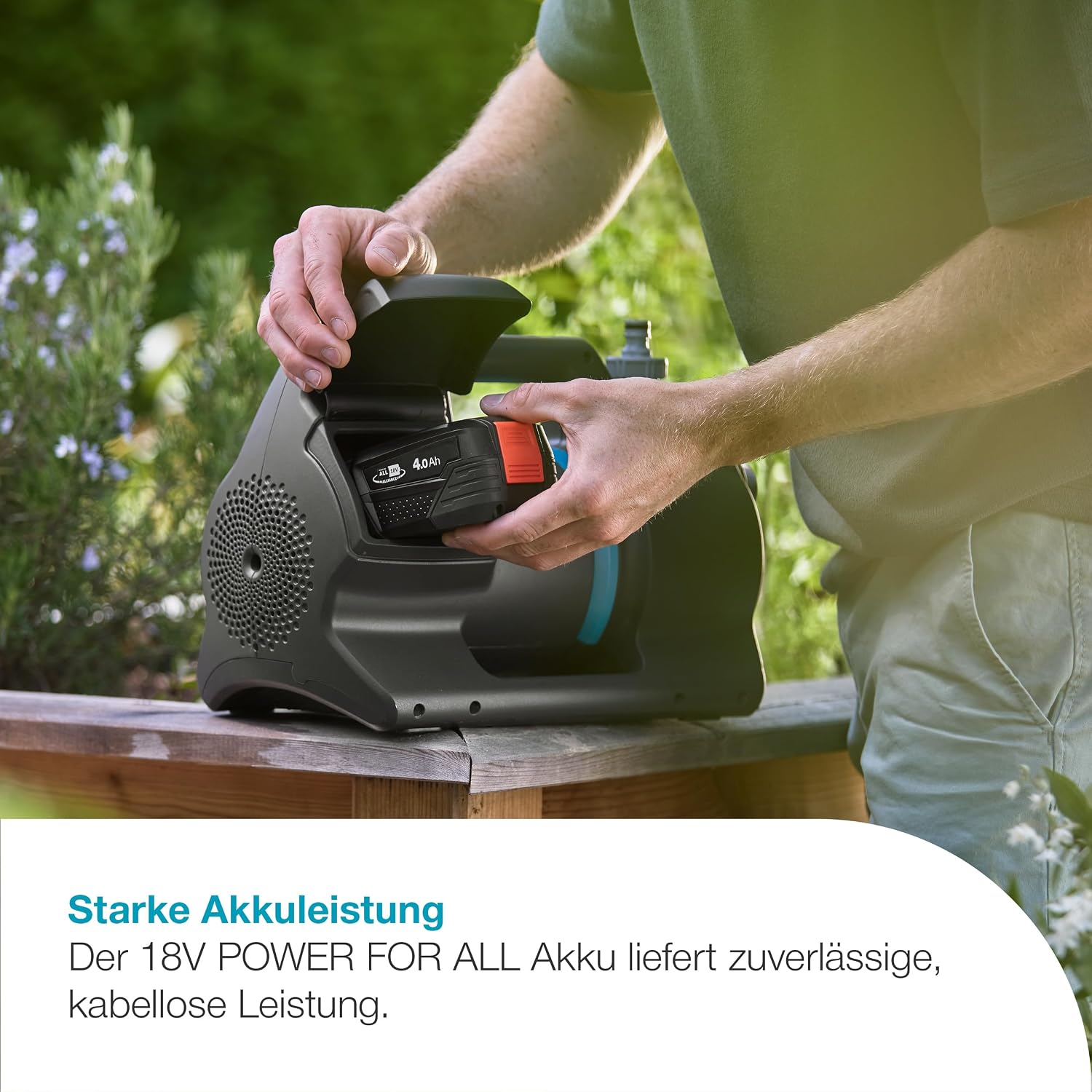 Gardena Akku-Gartenpumpe 3000 Silent 18V P4A Ready-To-Use Set: Leistungsstark, Leiser Betrieb, Regen- und UV-geschütztes Gehäuse, Trockenlaufsicherung, Kabellos (14610-20)