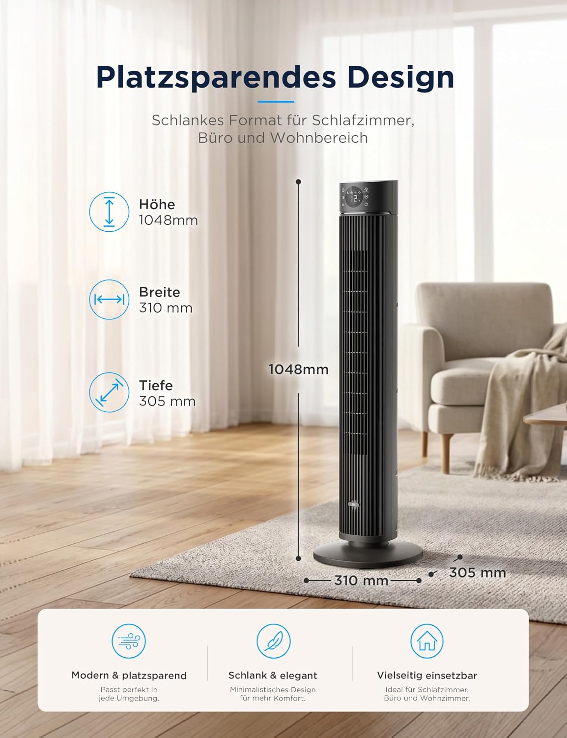 Midea Turmventilator FZ10-26ARDW, 105cm, DC-Motor, App-Steuerung | 19dB Fluesterleise, 4 Modi, 12 Stufen, 24h Timer, Alexa & Google, fuer Schlafzimmer, Wohnzimmer & Buero
