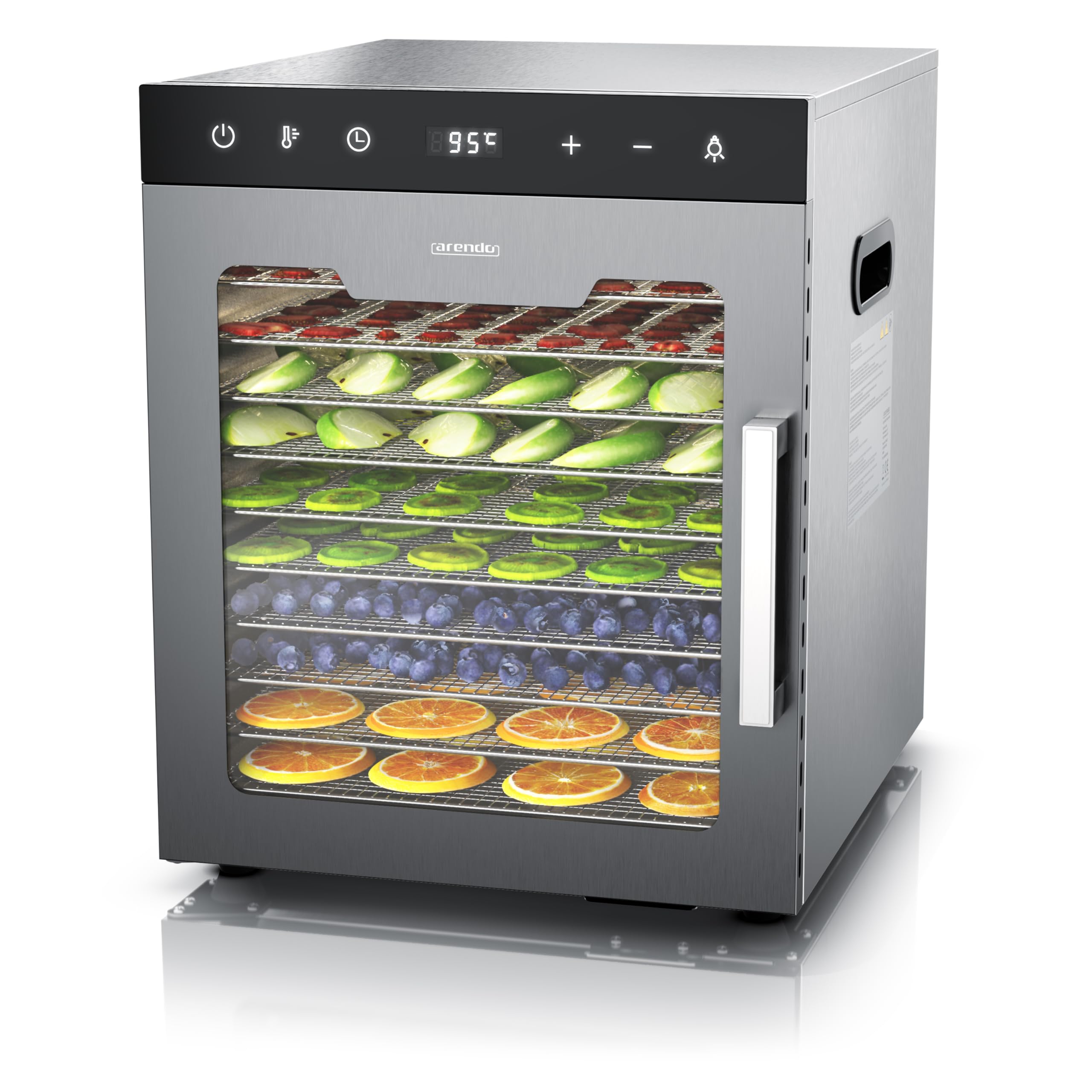 Arendo - Stainless steel dehydrator 8-fold - 500 watts with temperature control - dehydrator for food meat fruits fruit mushrooms - timer up to 24 hours - 8 compartments - GS - dehydratoro