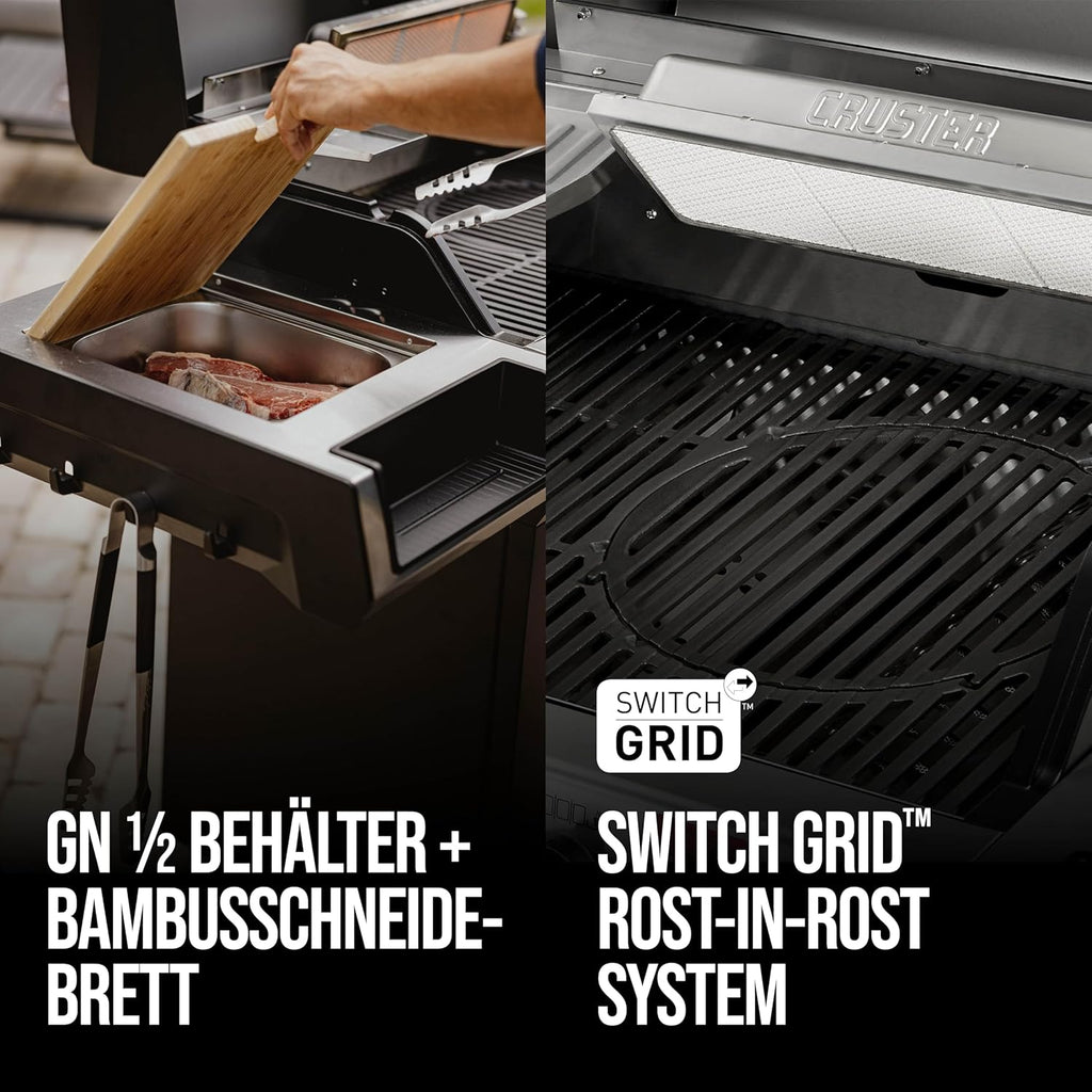 Enders® Gasgrill UNIQ 3 IK CRUSTER®, 3-Edelstahlbrenner, mehrstufige Drehregler, 800 °C TURBO ZONE™, SWITCH GRID™, HEAT RANGE™, SIMPLE CLEAN™, doppelwandige Garhaube, GN ½ Container #8700