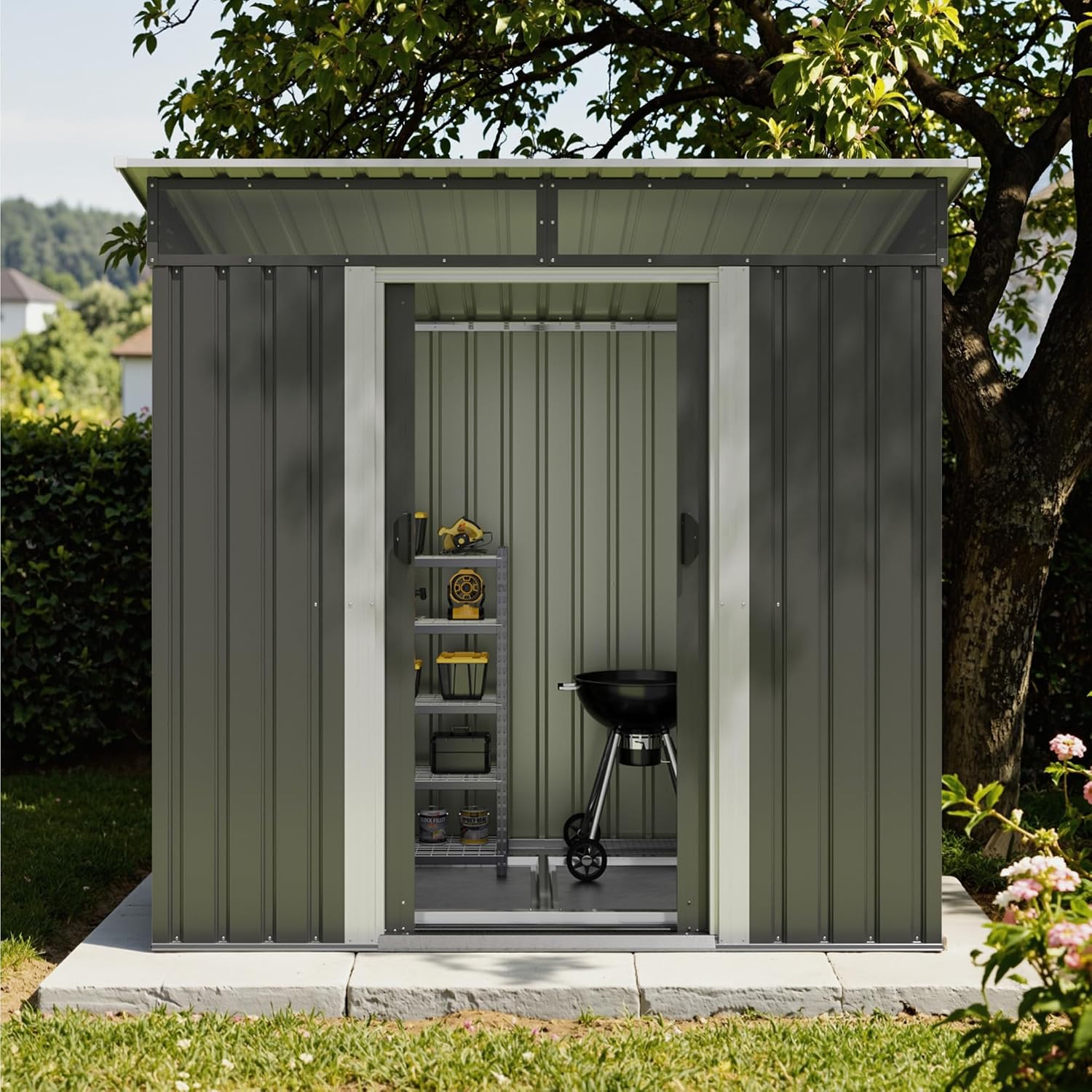 Devoko Metall Geräteschuppen 196x122x182cm mit Fundament, 4.2m³ Gerätehaus mit Oberlichte und Pultdach, Outdoor, Wetterfest, Fahrradschuppen, Gartenhaus für Terrasse, Rasen, Anthrazit