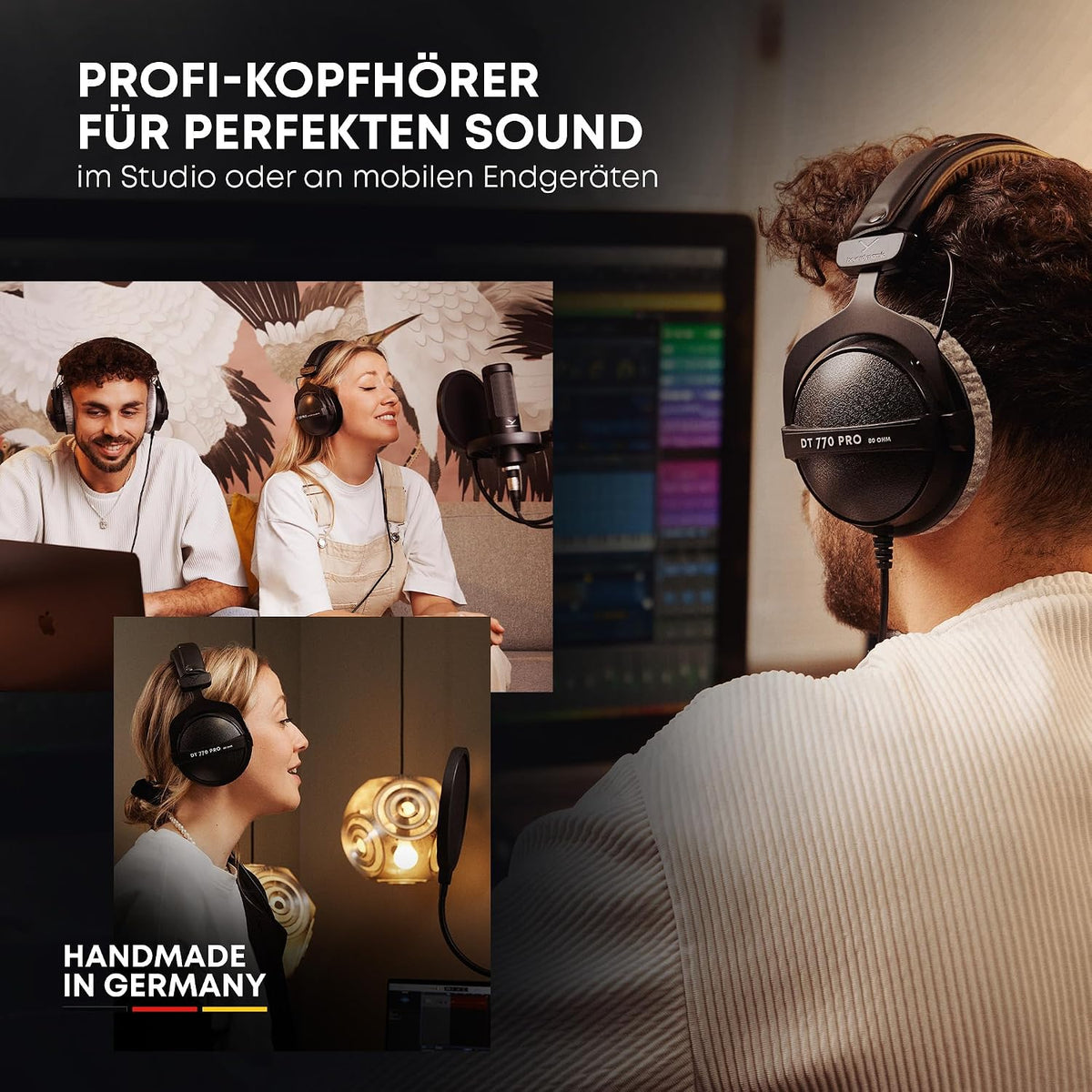Beyerdynamic DT 770 PRO Over-Ear Studio Headphones in Black Closed design, wired for professional recording and monitoring. | Closed design, 80 ohm impedance, bass reflex system, velour ear pads, interchangeable parts, made in Germany