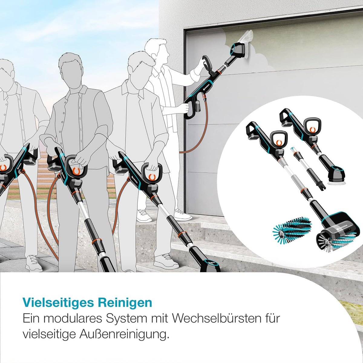 Gardena Akku-Multi-Reiniger AquaBrush Patio 03/18V P4A Ready-To-Use Set: Außenreinigung, Bedienung per Knopfdruck, Terrassenreinigung, Bürstenprofil, Kabellos (14841-20)