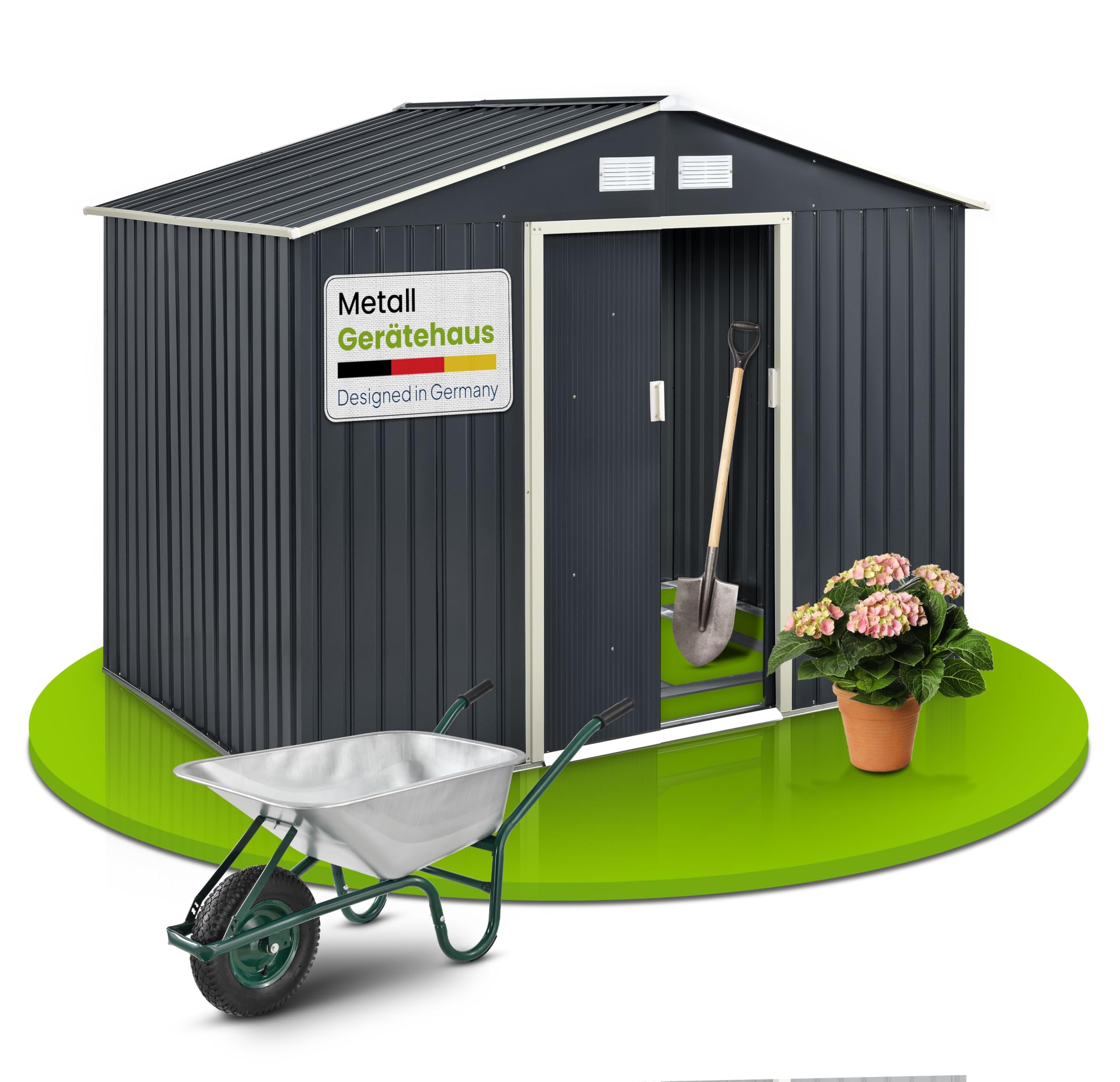 Juskys Geräteschuppen Metall XL – Gartenhaus & Gerätehaus mit Schiebetür, Fundamentrahmen & Schloss, wetterfester Gartenschrank zur Aufbewahrung – Dunkelgrau