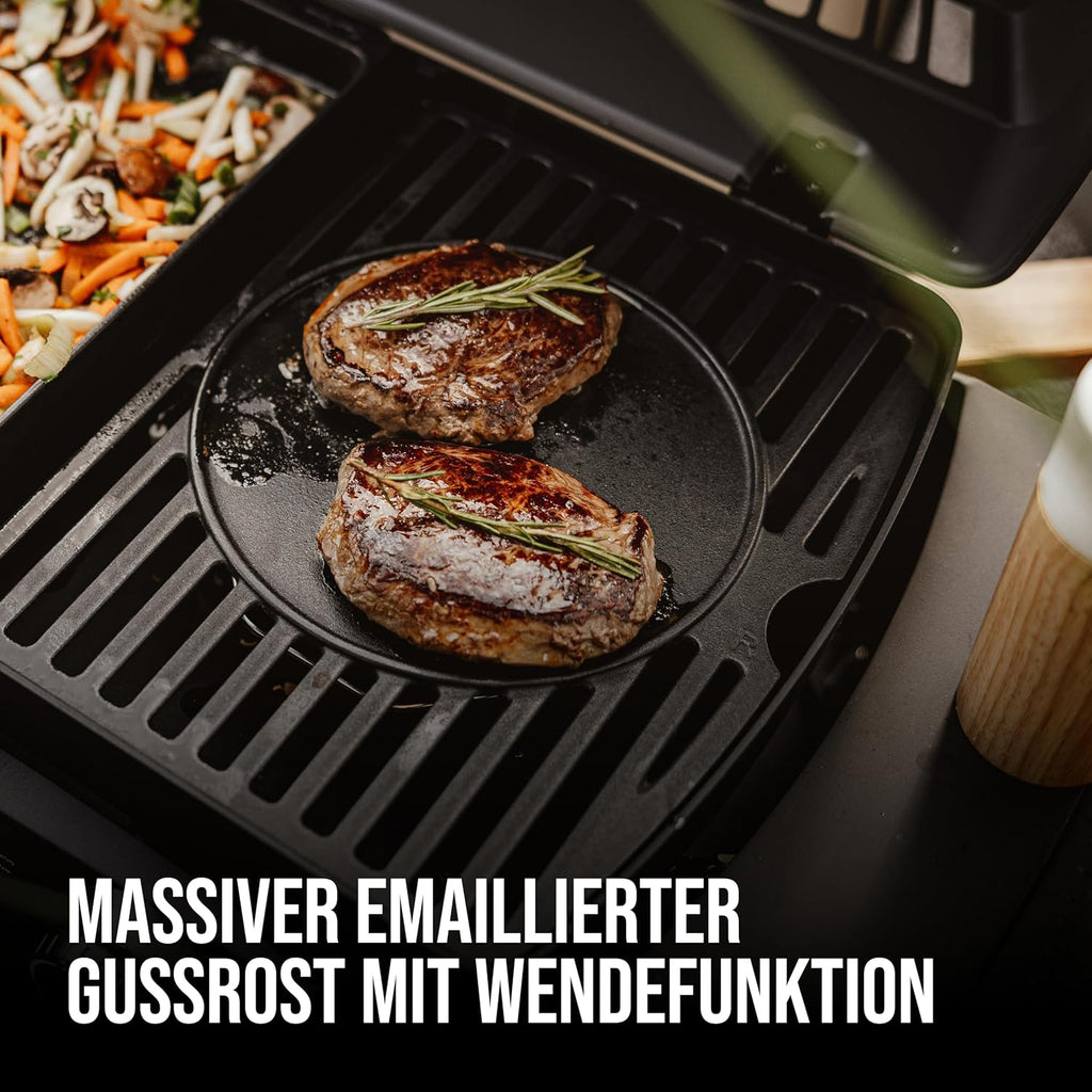 Enders Gasgrill Urban II, Tischgrill, Grillen-, Kochen- und Backen Funktion, 2 Brenner Edelstahl, mit Grill-Thermometer, Balkon-, Camping-Grill, Aluguss-Gehäuse, Gusseisen-Rost #2070