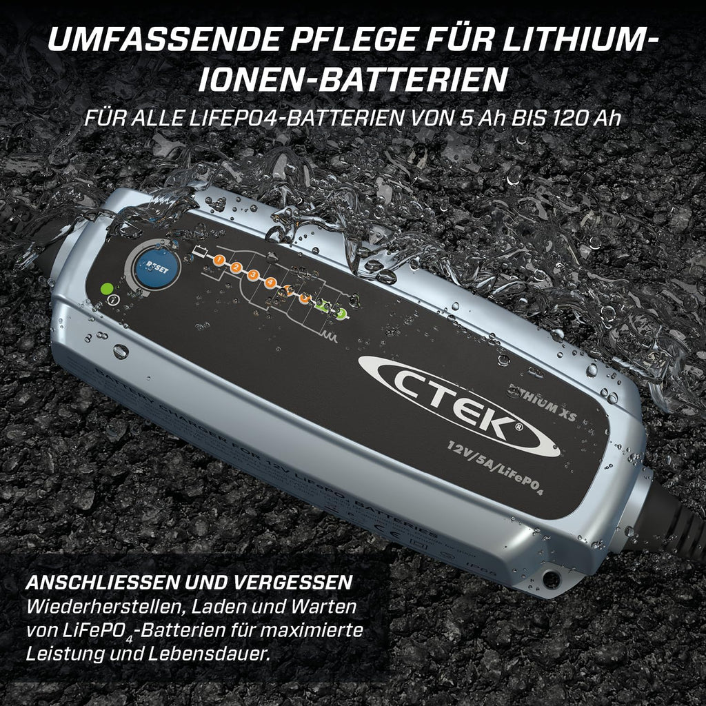 CTEK Lithium XS, Batterieladegerät 12V, Ladegerät LiFePO4, Lithium Ionen Ladegerät Auto, Intelligentes Ladegerät Autobatterie, Erhaltungsladegerät, Batteriepfleger Mit UVP Und Connect and Forget
