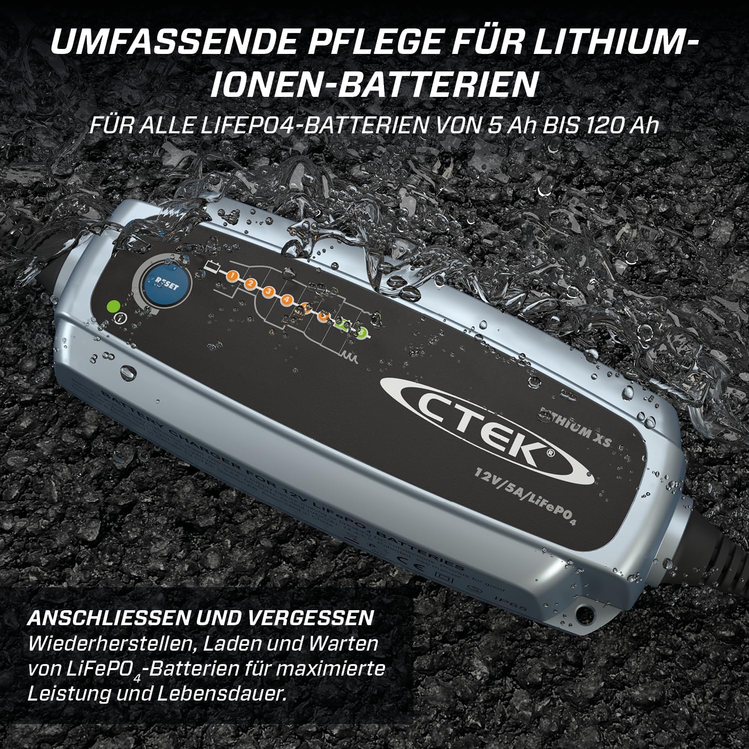 CTEK Lithium XS, Batterieladegerät 12V, Ladegerät LiFePO4, Lithium Ionen Ladegerät Auto, Intelligentes Ladegerät Autobatterie, Erhaltungsladegerät, Batteriepfleger Mit UVP Und Connect and Forget
