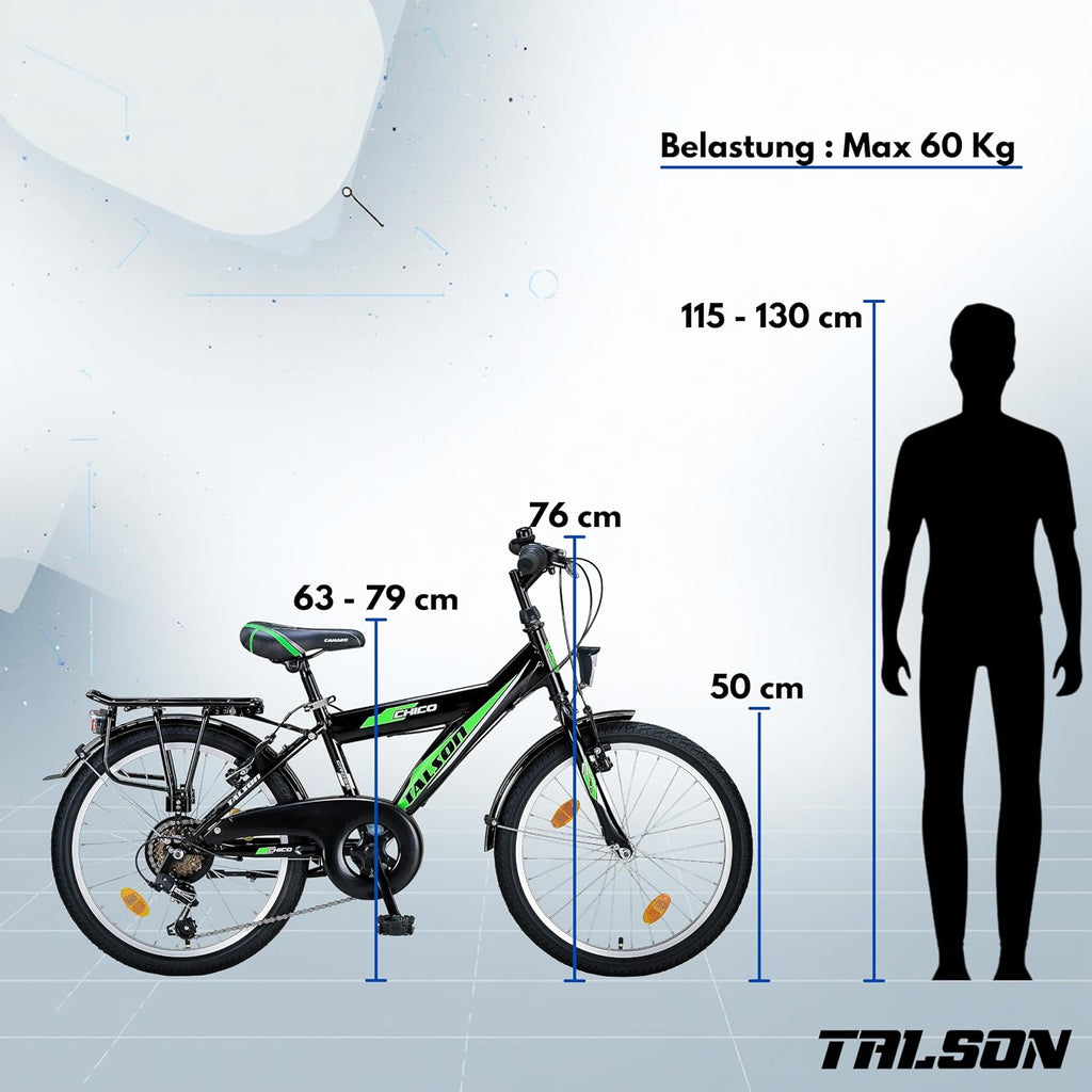 Talson 20 Zoll Kinderfahrrad für Jungen, StVZO, Shimano 6-Gang, Schwarz