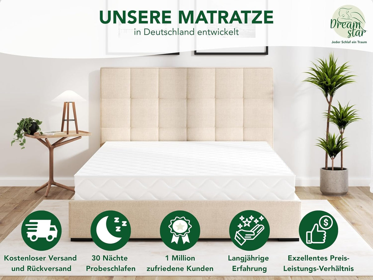 DREAMSTAR Ergo Flex XXL Duo 7-Zonen Matratze 140x200 cm | H2&H3 | Ergonomische Kaltschaummatratze | Hypoallergen & Antibakteriell | Bezug abnehmbar & waschbar | Öko-TEX® | (22cm, 140 x 200 cm)