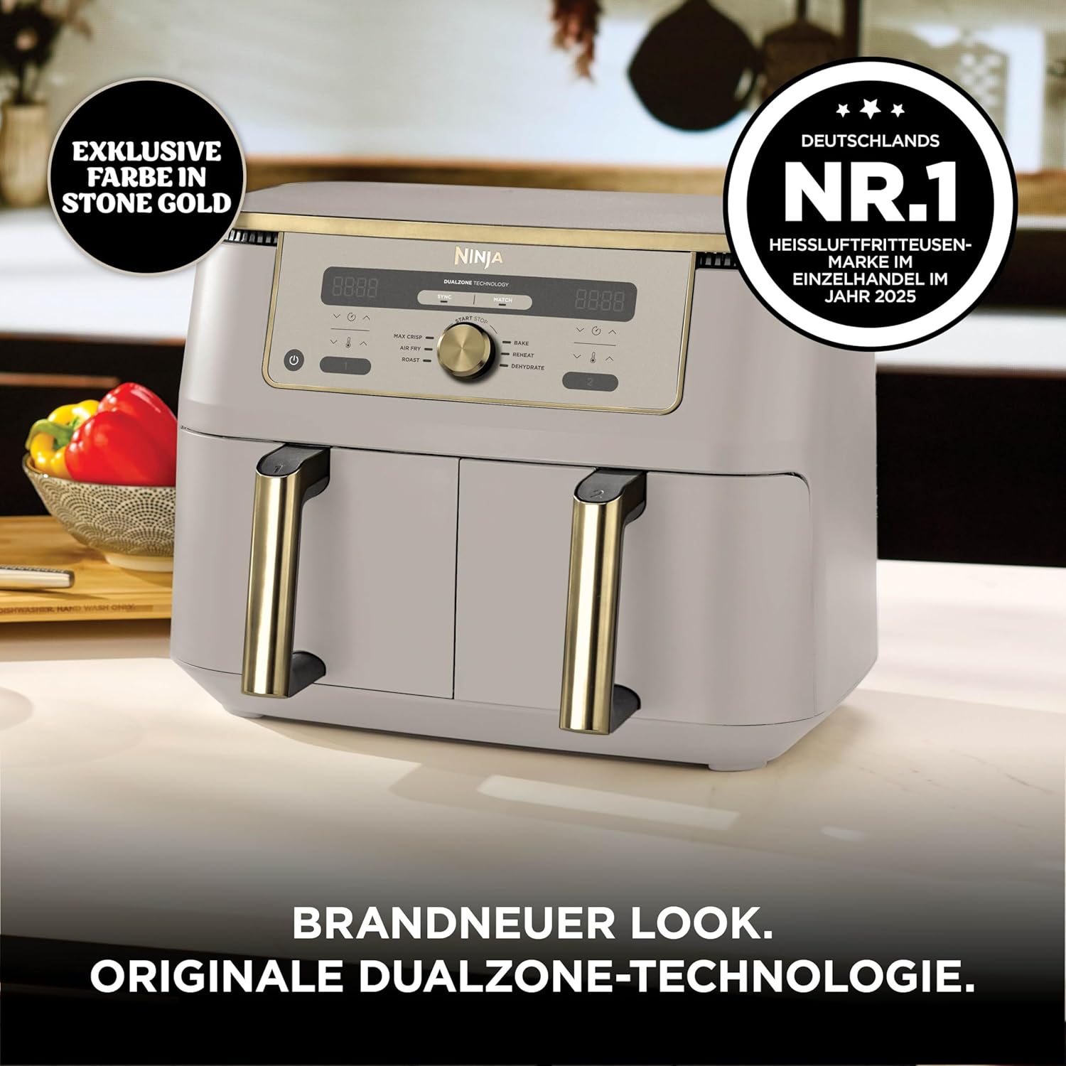 Ninja DZ400EUSGD Foodi Dual Zone Heißluftfritteuse 9,5L – 6 Funktionen, 2470W, Stone Gold