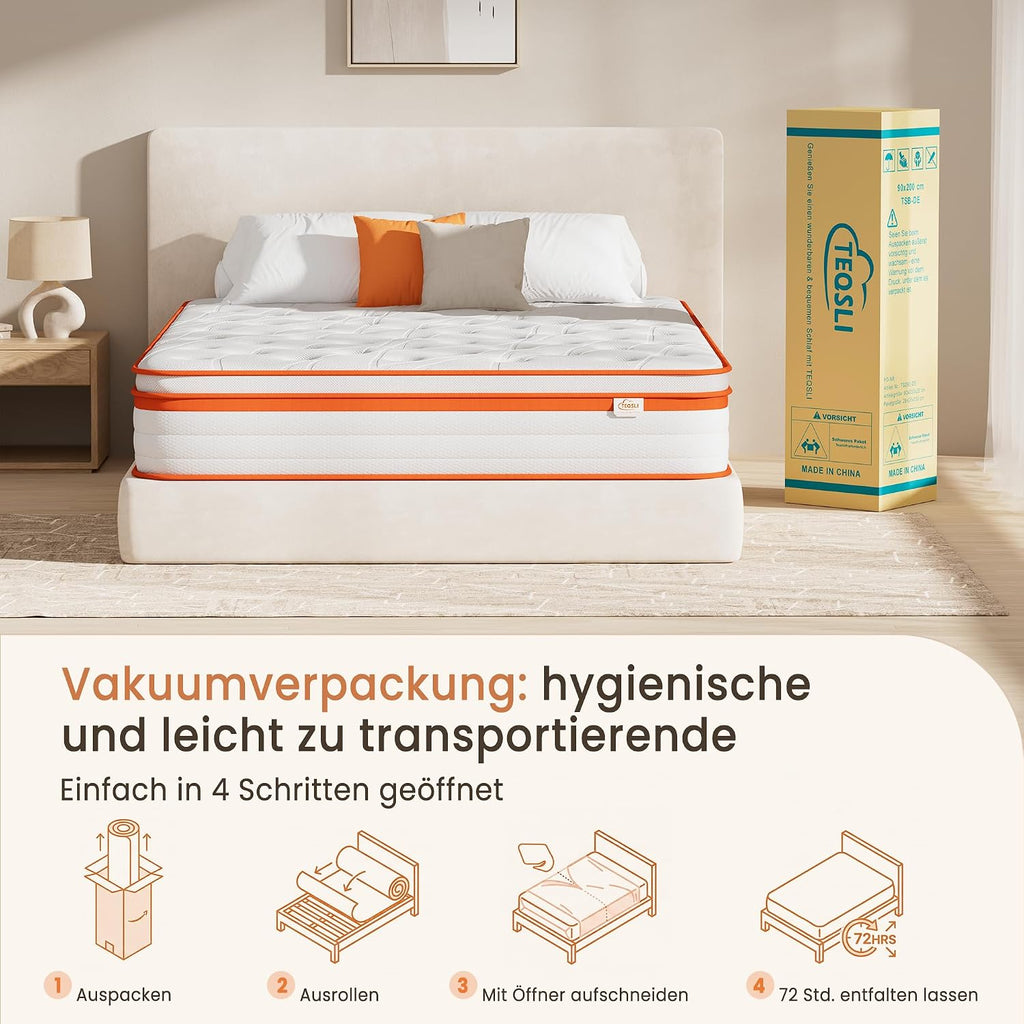 TeQsli 9-Zonen Matratze 140x200 cm H3 mittelfest 25cm Höhe, Ergonomische Taschenfederkernmatratze mit Gel Memory Schaum, Rücken- & Druckentlastung, Atmungsaktiver Bezug Öko-Tex & CertiPUR zertifiziert