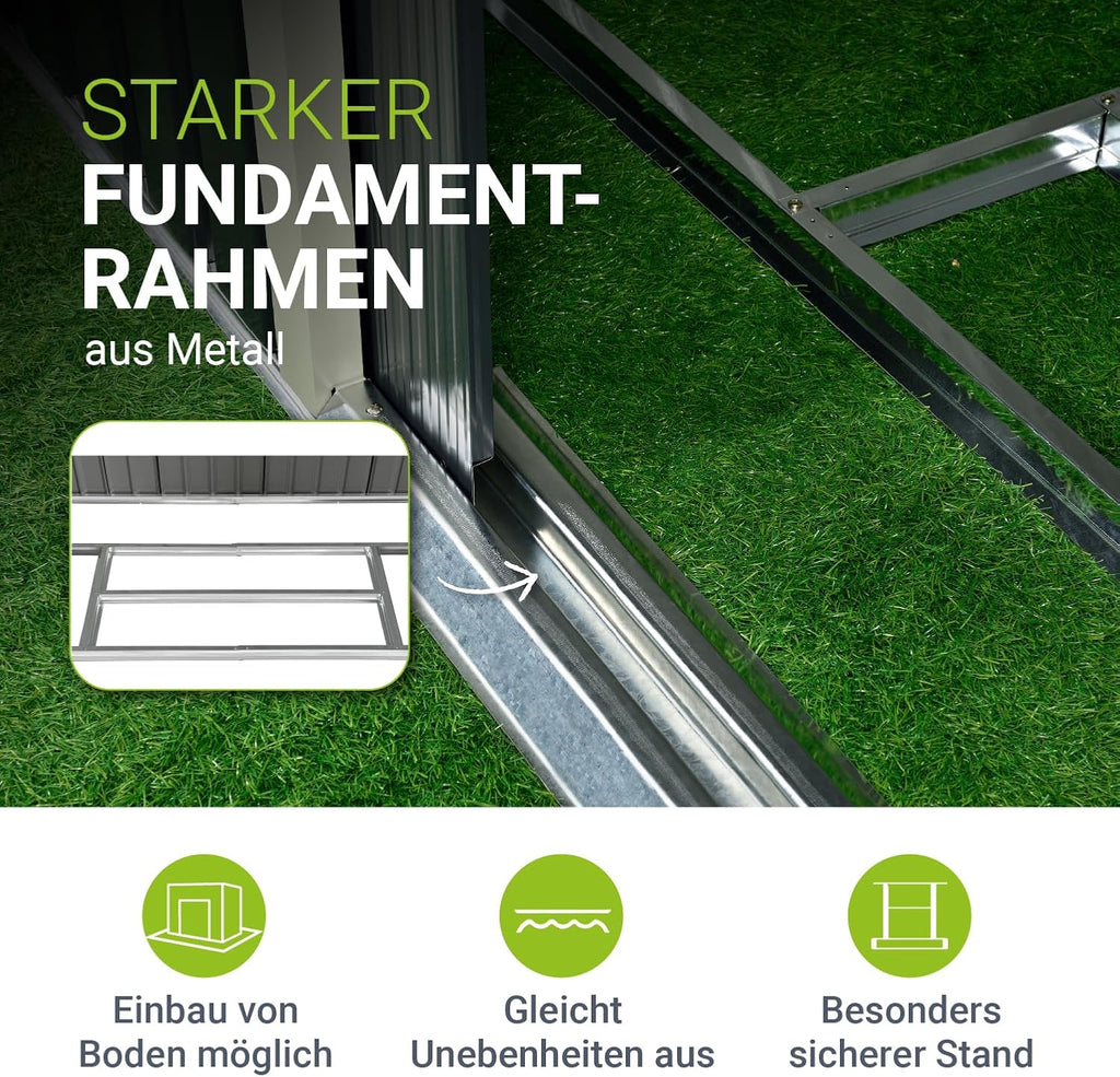 Juskys Geräteschuppen Metall XL – Gartenhaus & Gerätehaus mit Schiebetür, Fundamentrahmen & Schloss, wetterfester Gartenschrank zur Aufbewahrung – Dunkelgrau