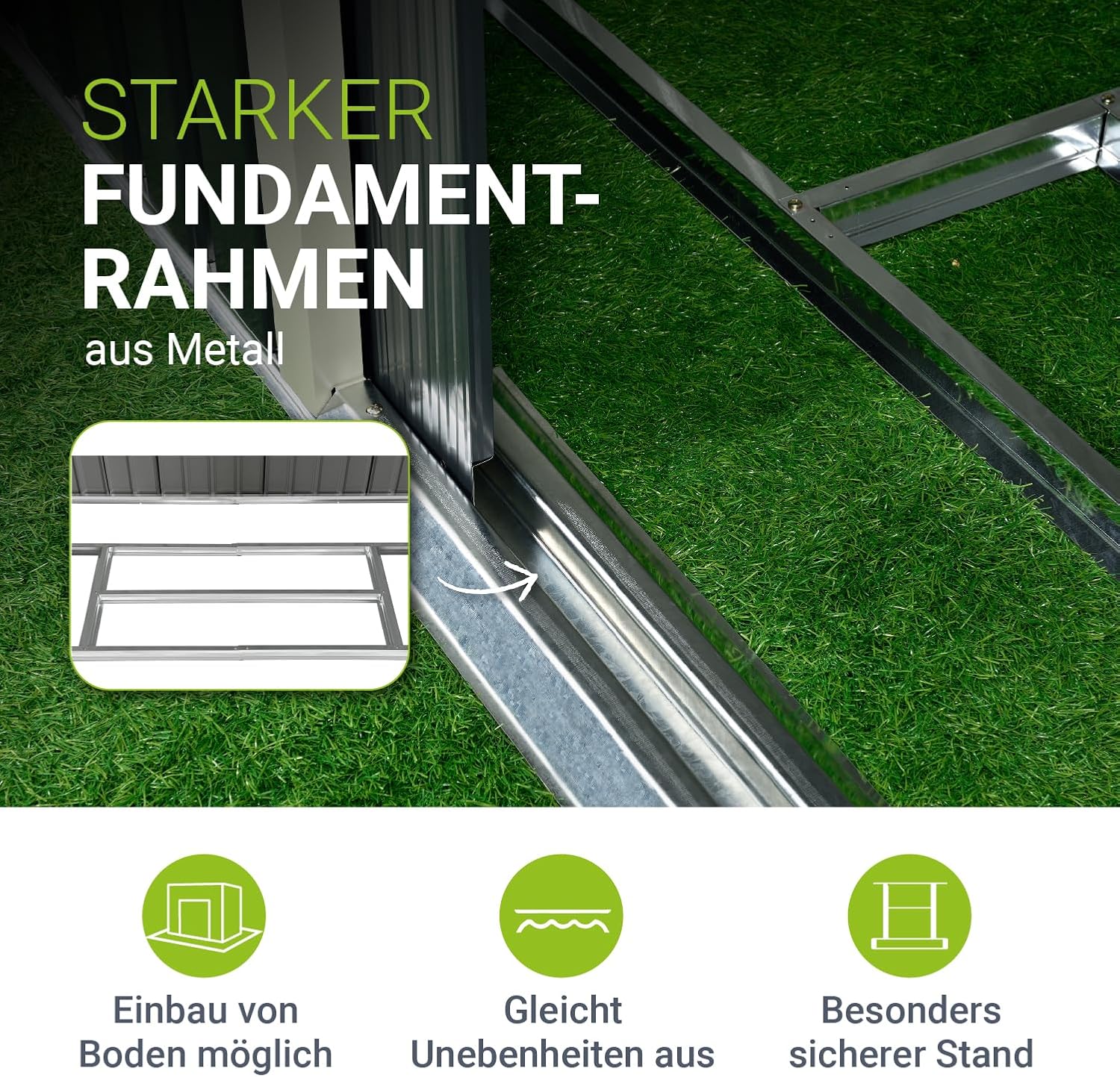 Juskys Geräteschuppen Metall XL – Gartenhaus & Gerätehaus mit Schiebetür, Fundamentrahmen & Schloss, wetterfester Gartenschrank zur Aufbewahrung – Dunkelgrau
