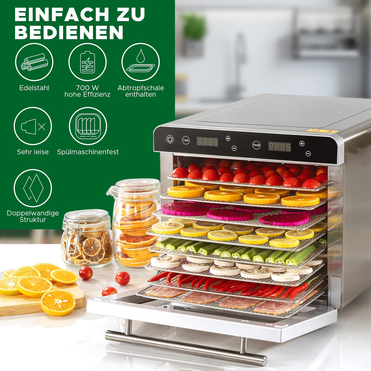 Kwasyo Dörrautomat Edelstahl Trockenkapazität 3,8 kg Rindfleisch, 0,67 m² Trockenfläche, 8 Edelstahl-Dörrtabletts (28x30 cm), 35-85°C Dörrgerät für Hundeleckerlis, Kräuter, Fleisch, Obst, Joghurto