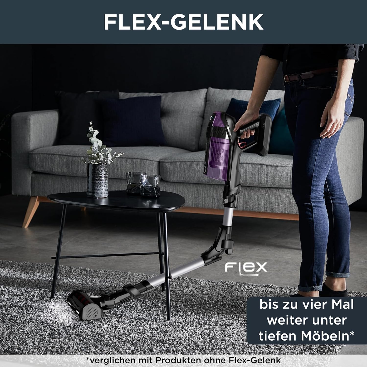 Rowenta X-Force Flex 12.60 kabelloser Akku-Stabstaubsauger, 150 Air Watt, bis zu 45 Min. Laufzeit, leistungsstark, Flex-Gelenk, LED-Düse, inkl. Zubehör, lila/schwarz, RH98A0