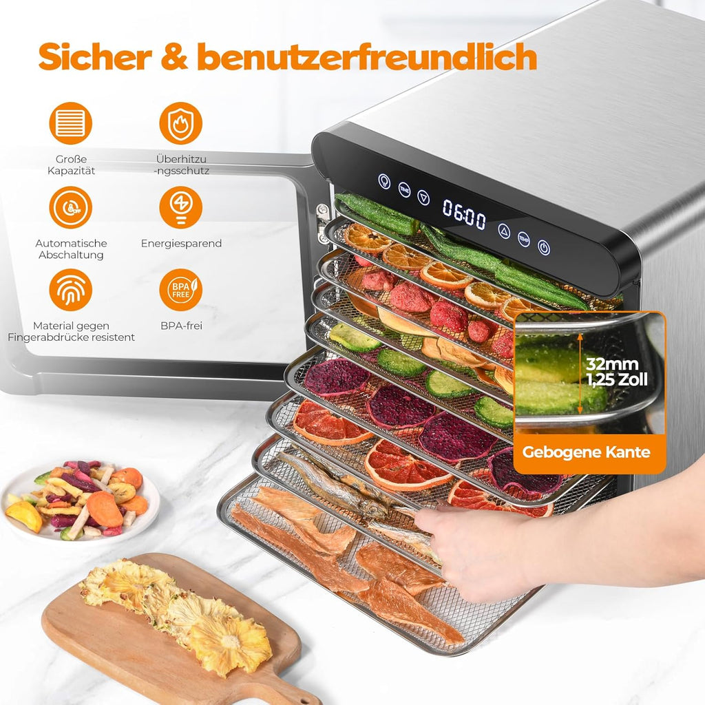 YASHE Stainless Steel Dehydrator with Digital Control (Temperature up to 75°C, Timer up to 48 Hours), 9 Trays Dehydrator for Fruit and Vegetables, Rear Fan for 360° Air Circulation, 800 Wo