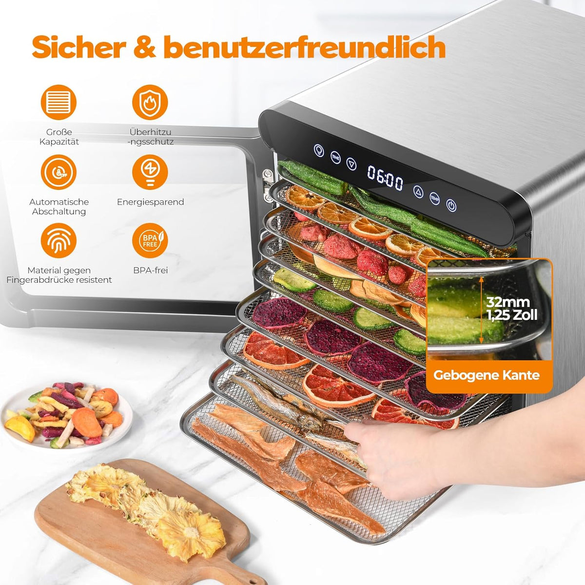 YASHE Stainless Steel Dehydrator with Digital Control (Temperature up to 75°C, Timer up to 48 Hours), 9 Trays Dehydrator for Fruit and Vegetables, Rear Fan for 360° Air Circulation, 800 Wo
