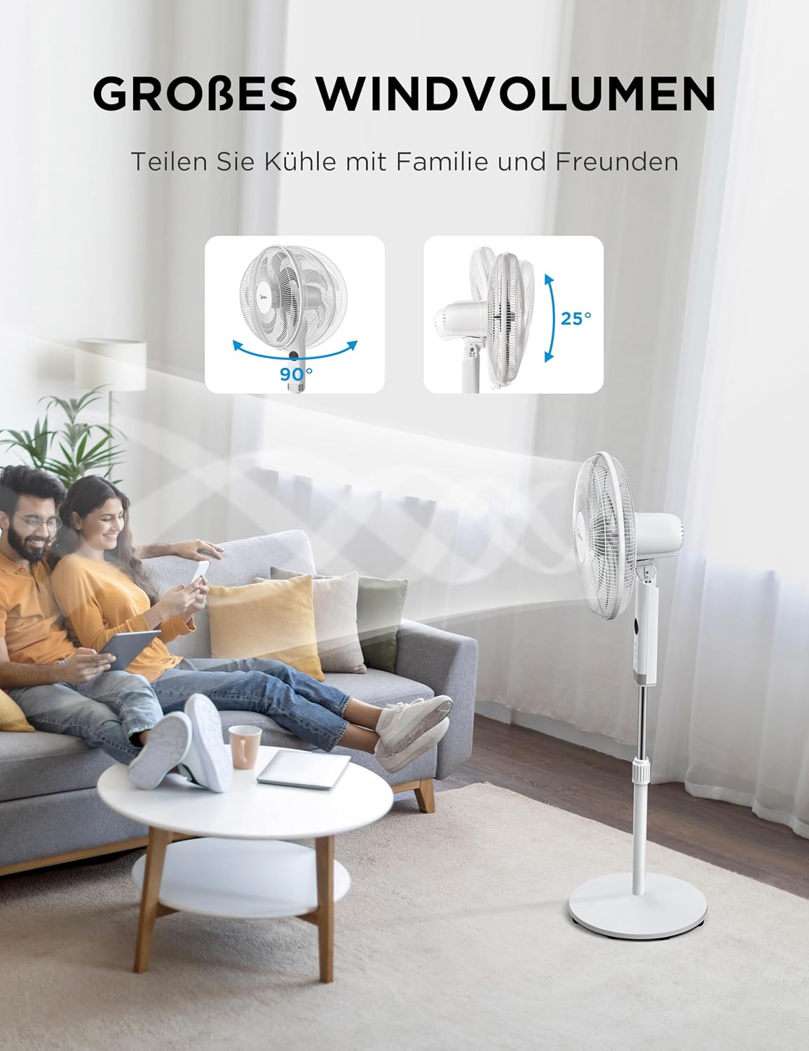 Midea FS40-23MR Standventilator mit 3 Geschwindigkeiten, Teleskophöhe und -größe, Fernbedienung, duales Beschleunigungssystem, 90-Grad-Schwingung nach links und rechts
