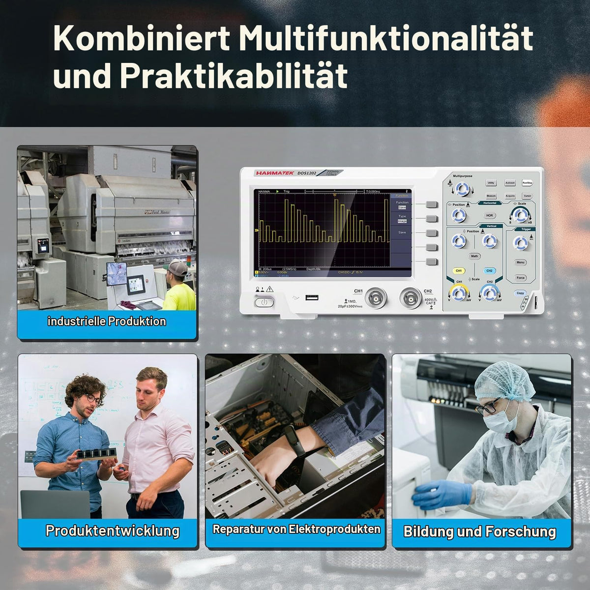 HANMATEK 200 MHz Bandwidth DOS1202 Digital Oscilloscope with 2 Channels and Screen 7 Inch / 18 cm, TFT LCD Display, Portable Professional Oscilloscope Kit with 1GS/s Sampling Rate