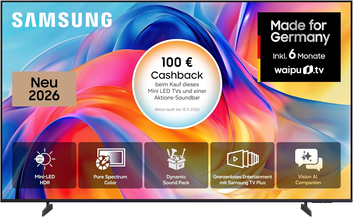Samsung M70H Mini LED 4K 65 Zoll (163 cm) UHD, HDR, Motion Xcelerator 144Hz, AI Companion, 900 Sender, Smart TV, GU65M70HAU, 2026