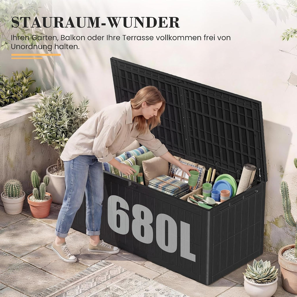 Amopatio Auflagenbox 680 Liter, Gartenbox XXL Wasserdicht aus Resin, Kissenbox für Balkon, Garten & Terrasse, Aufbewahrungsbox Wetterfeste mit Gasdruckfeder, Schwarz