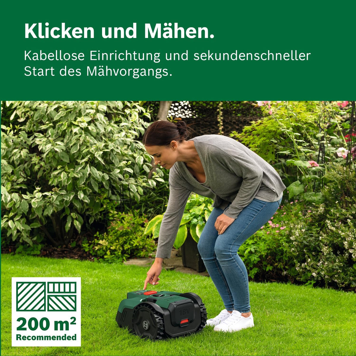 Bosch Akku-Mähroboter VISIMOW18V-200 (für Rasenflächen bis 200 m², Schnittbreite: 18 cm, Schnitthöhe: 20-60 mm, ohne Akku)