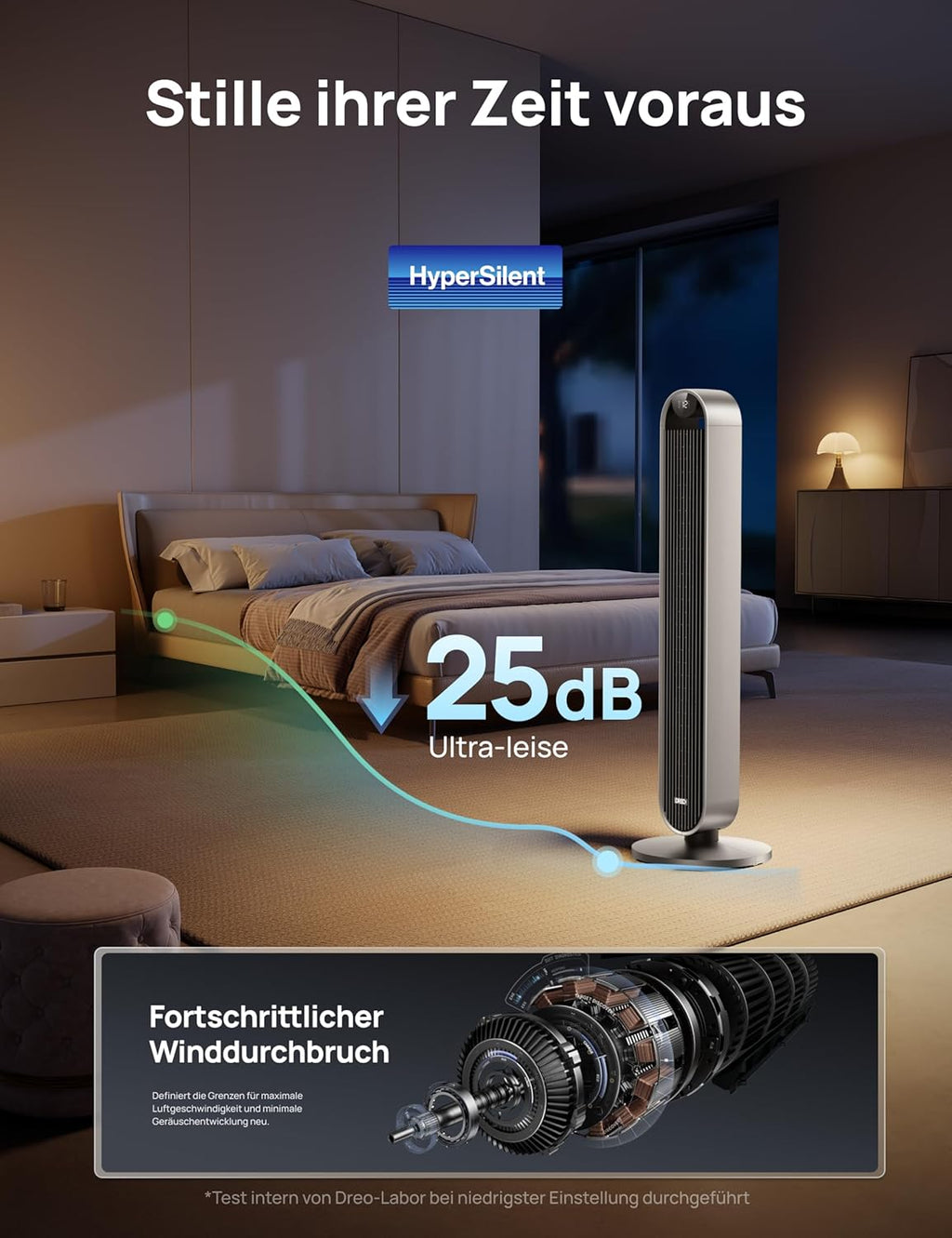 DREO Smart Turmventilator Sehr Leise, 120° Oszillierender Ventilator mit Kühlung, 25dB Standventilator mit Fernbedienung für Schlafzimmer, 12 Geschwindigkeiten, 4 Modi, 12-Stund-Timer, Pilot Max S