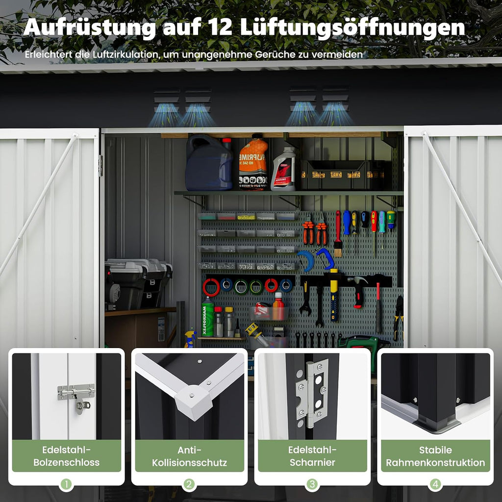 UDPATIO Metall Gartenhaus mit 4 m³ - 228 x 121 x 181 cm für den Außenbereich, Geräteschuppen, Fahrradgarage, Verzinkter Stahl mit Abschließbarer Tür für Hinterhof,Dunkelgrau
